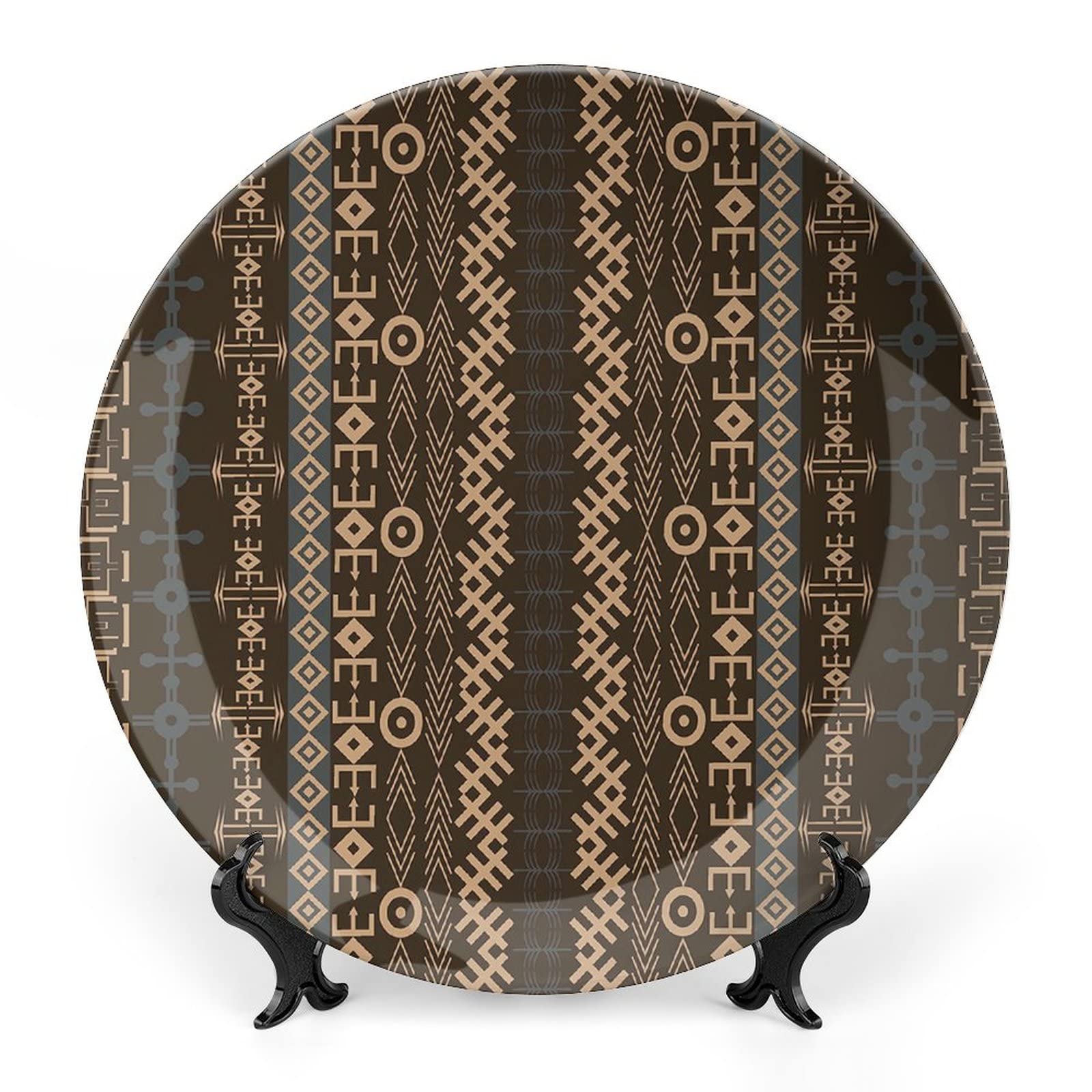 6 Inch African Decorative Ceramic Plates with Traditional Geometric Arrow Stripes - Blue Grey Brown Earth Yellow for Dining, Parties & Weddings | Perfect for Ethnic Home Decor & Cultural Events
