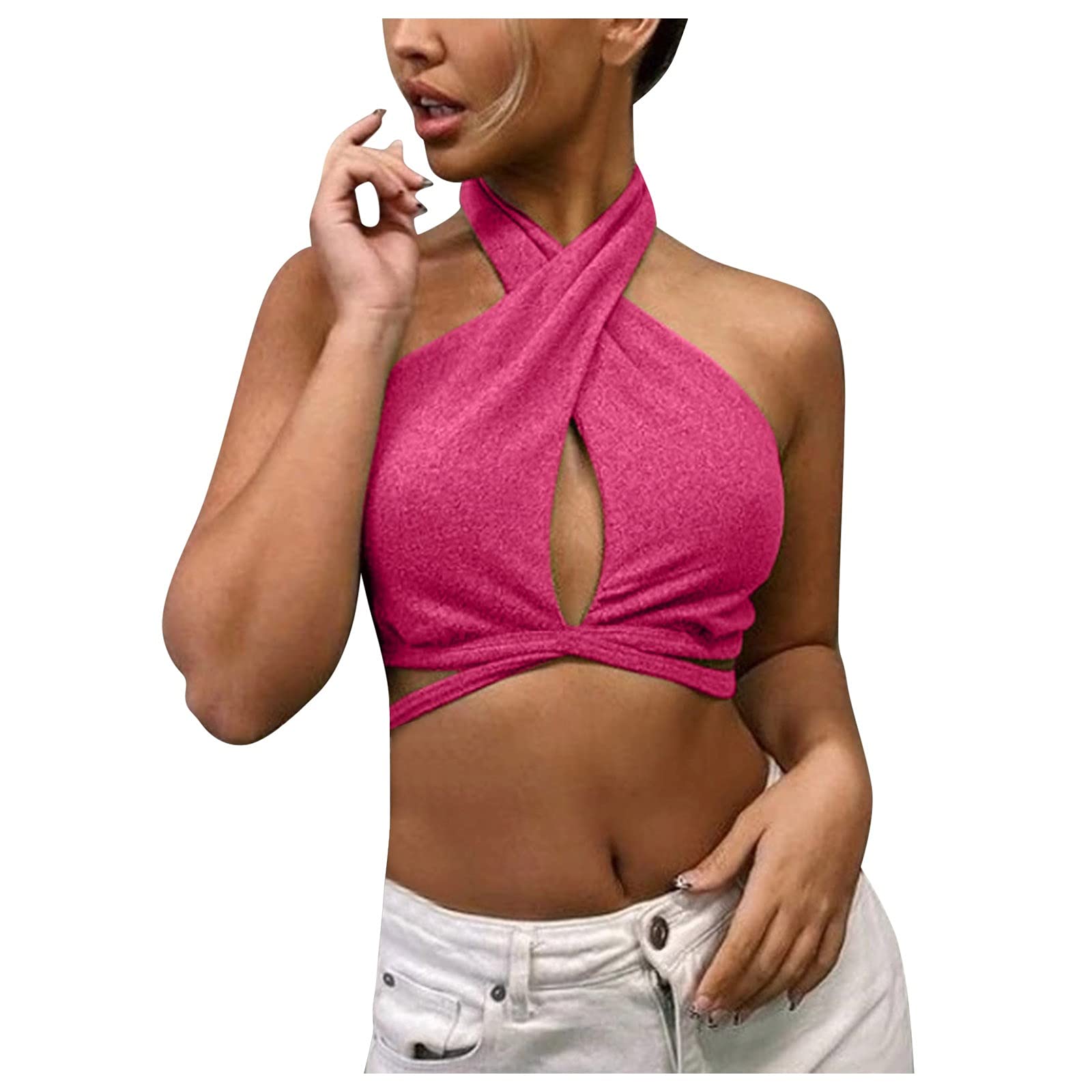 Sexy Halter Wrap Crop Top - Backless Club Party Shirt with Sleeves | Perfect for Night Out, Music Festival & Summer Vacation Outfits