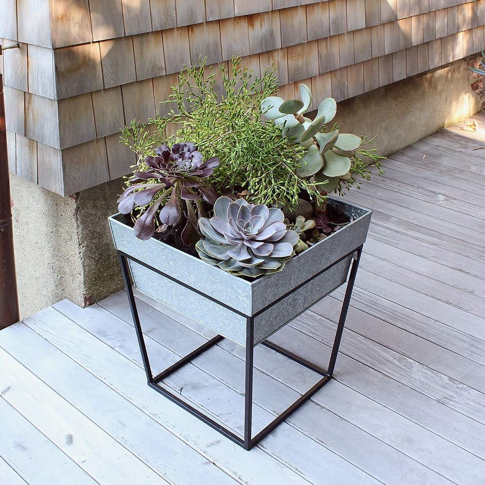 Arne Plant Stand - 14 Inch Height with Deep Galvanized Tray for Indoor/Outdoor Plants | Perfect for Home Decor, Garden, Patio & Balcony