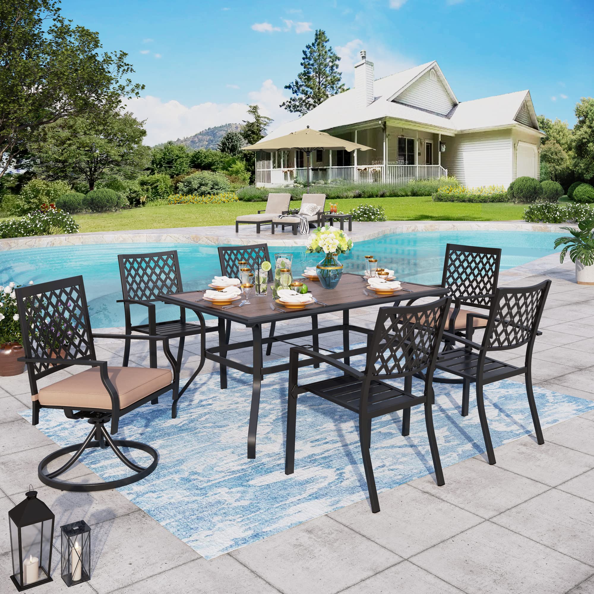Sophia & William 7-Piece Outdoor Patio Dining Set for 6 - 4 Metal Chairs & 2 Swivel Chairs with Wood-Like Table - Perfect for Garden, Lawn, Backyard & Poolside Entertaining