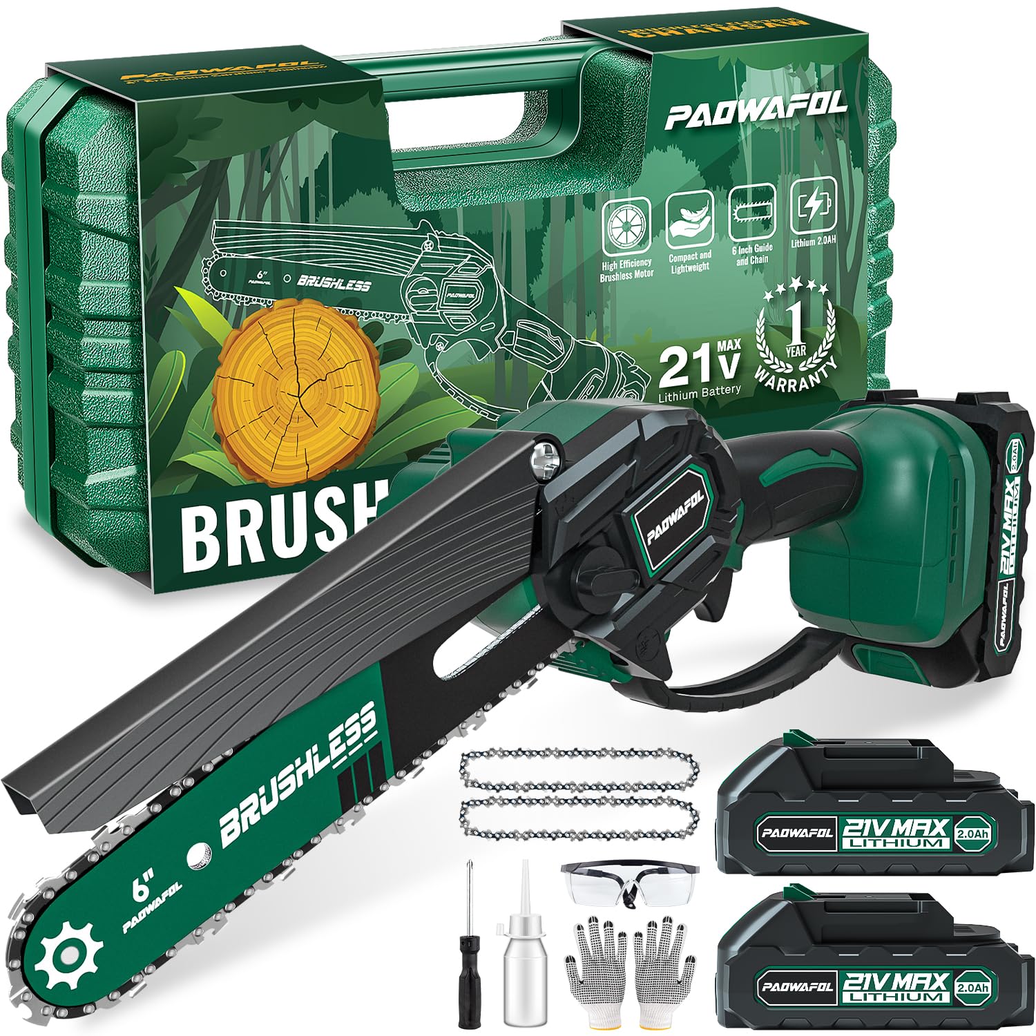 6-Inch Mini Cordless Chainsaw with Brushless Motor & 2 Rechargeable Batteries - Lightweight Electric Handheld Chainsaw for Tree Trimming, Garden Pruning, Wood Cutting & DIY Projects