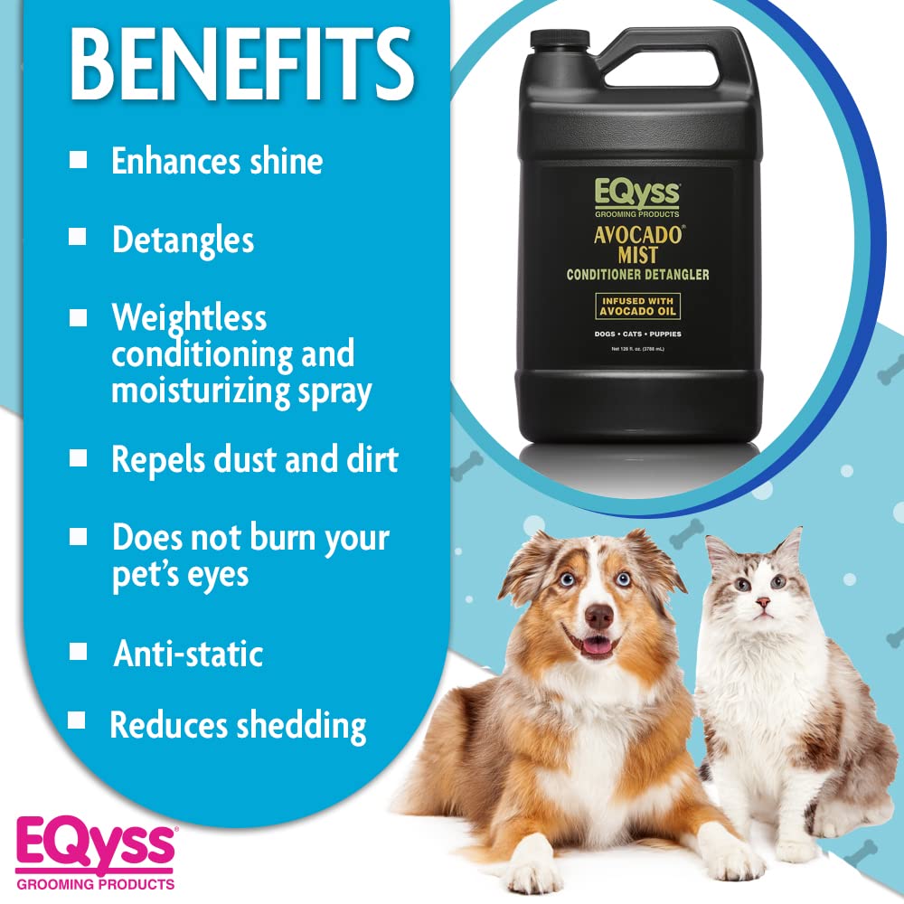 EQyss Avocado Mist Pet Spray Conditioner for Dogs & Cats - Leave-In Detangling Spray for Shiny Coat, Reduces Shedding - Oil Free, Silicone Free, pH Balanced - USA Made (128 oz) - Perfect for Grooming, Bathing & Daily Maintenance
