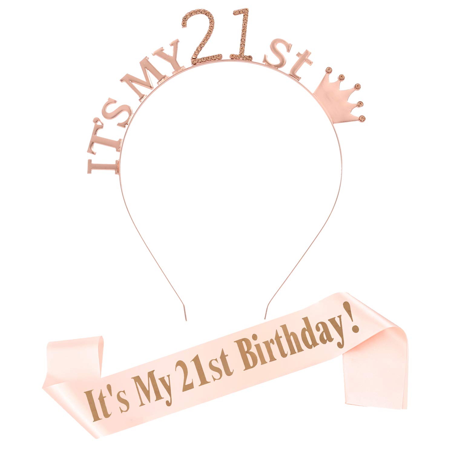 21st Birthday Girl Sash & Rhinestone Tiara Set - Rose Gold Glitter Headband & Crown for Women's Milestone Party | Perfect for 21st Birthday Celebrations, Bachelorette Parties & Special Occasions