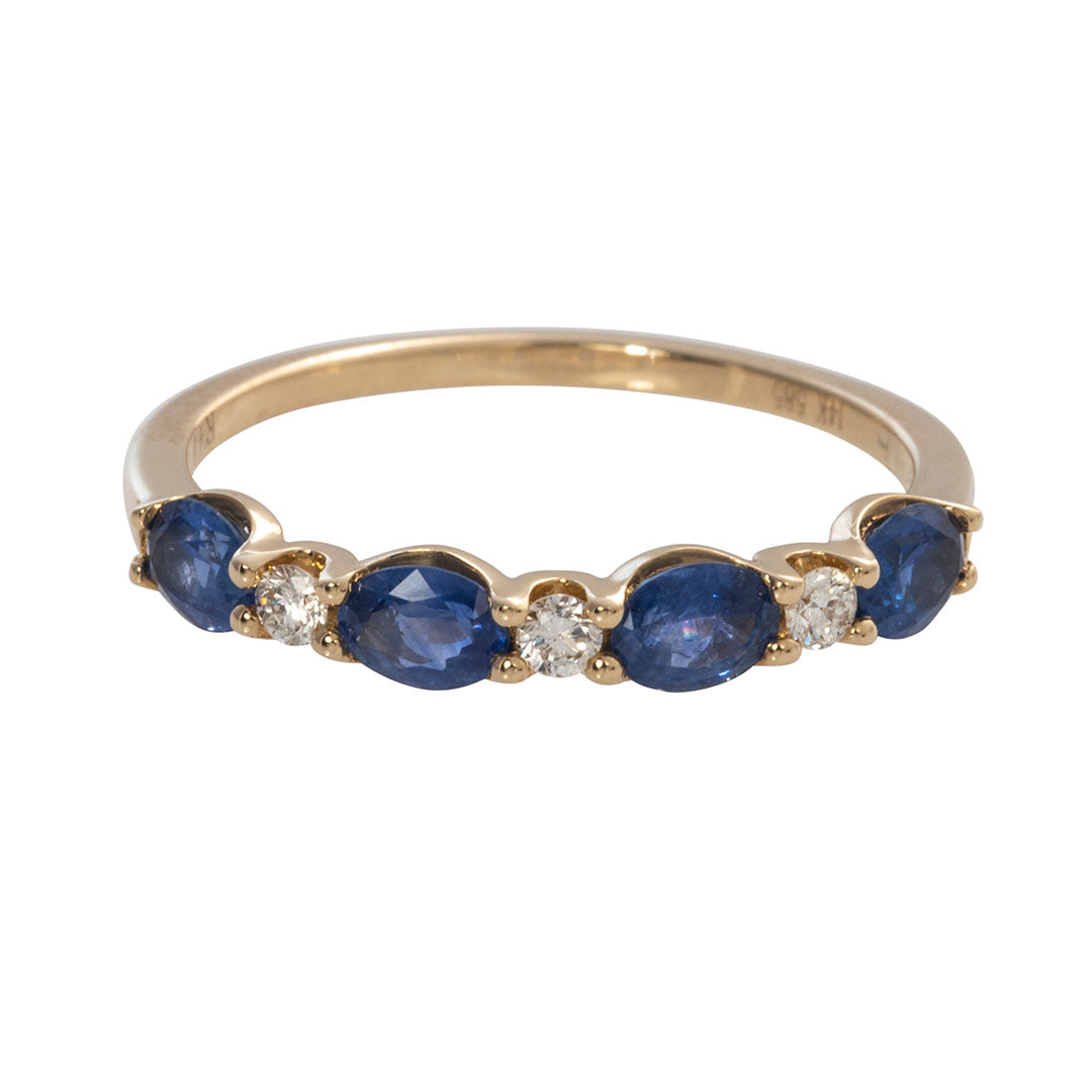 14K Yellow Gold Oval Sapphire & Round Diamond Wedding Band – Elegant Stackable Ring for Bridal, Anniversary, and Special Occasions