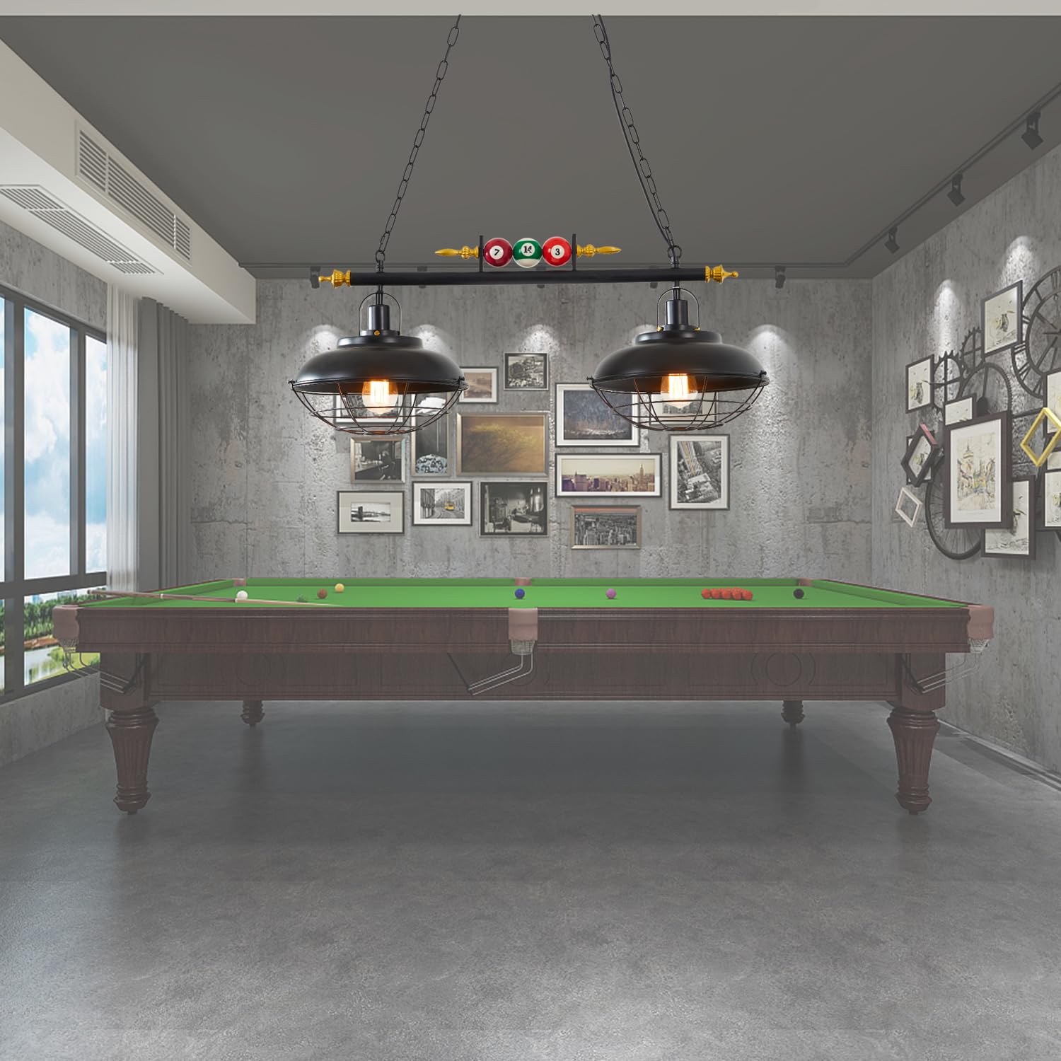 Premium Pool Table Light - Billiard Ball Design Ceiling Pendant Lamp with 2 Metal Shades (2 Lights) for Game Rooms, Bars & Man Caves - Perfect for Billiards, Parties & Entertainment Spaces