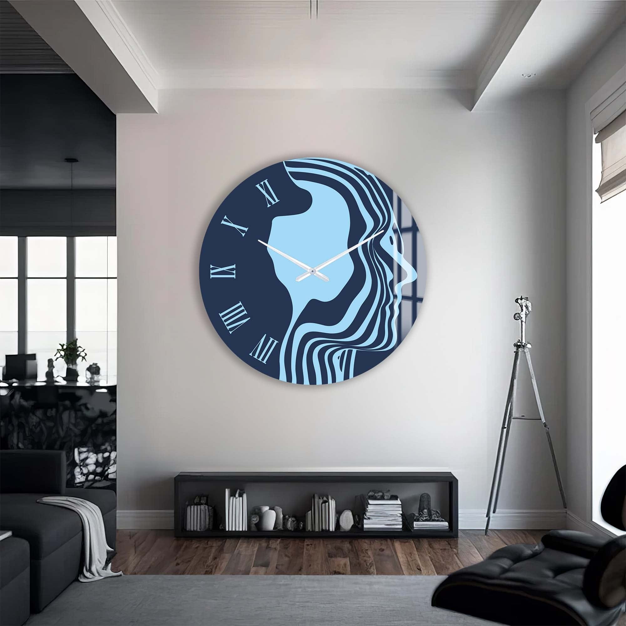 Blue Silhouette Glass Wall Clock - Modern Decorative Clock for Living Room, Bedroom & Office - Silent Non-Ticking Battery Operated
