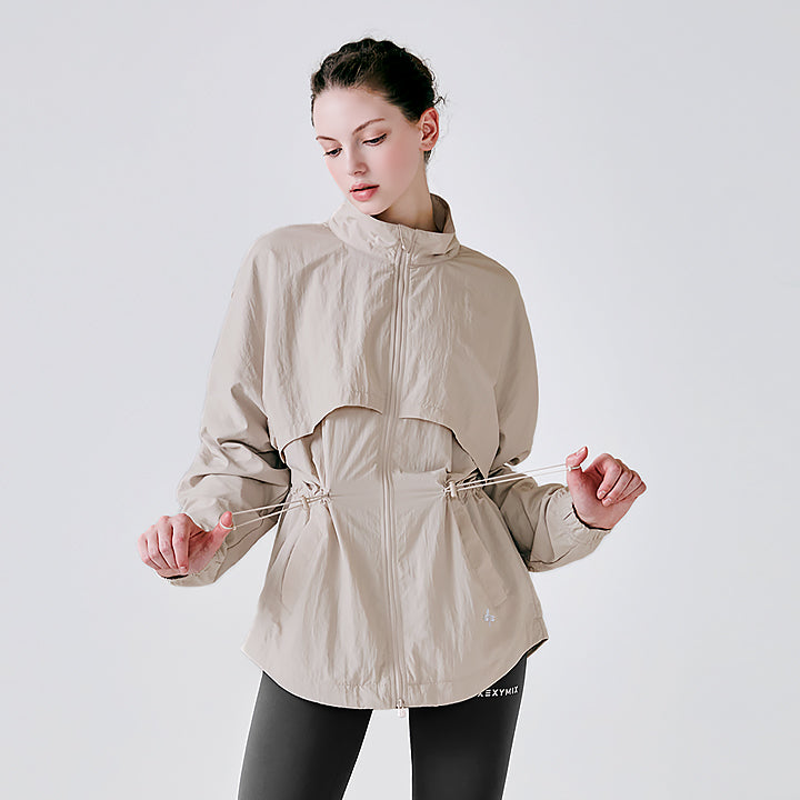 Women's High Neck String Windbreaker Jacket - Lightweight Waterproof Outdoor Running Hiking Coat for Spring & Fall