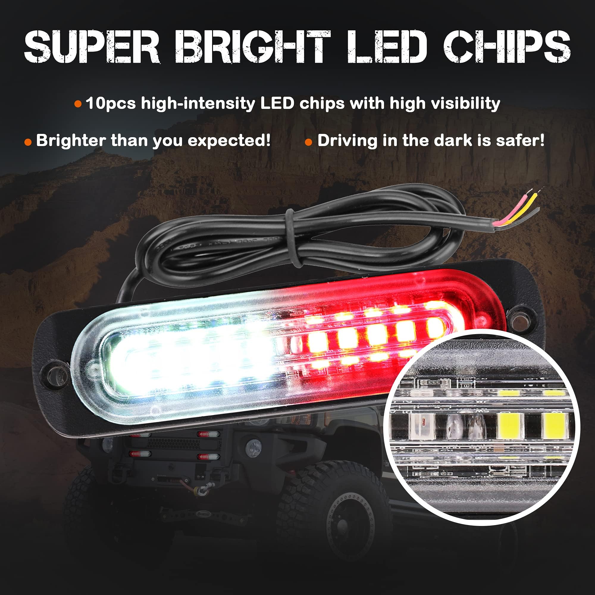 Red/White 4.4-Inch 10 LED Ultra Slim Strobe Emergency Lights for Trucks, Vehicles & Cars - Surface Mount Grille Lights (4-Pack) - Perfect for Emergency Vehicles, Construction Trucks & Roadside Safety