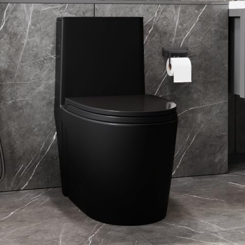 1.1/1.60 GPF Dual-Flush One-Piece Toilet - Water-Saving Elongated Comfort Height Floor-Mounted with Soft-Close Seat - 1000g MAP Flushing Score - Matte Black (23T01-MB-1) - Perfect for Modern Bathrooms & Water Conservation
