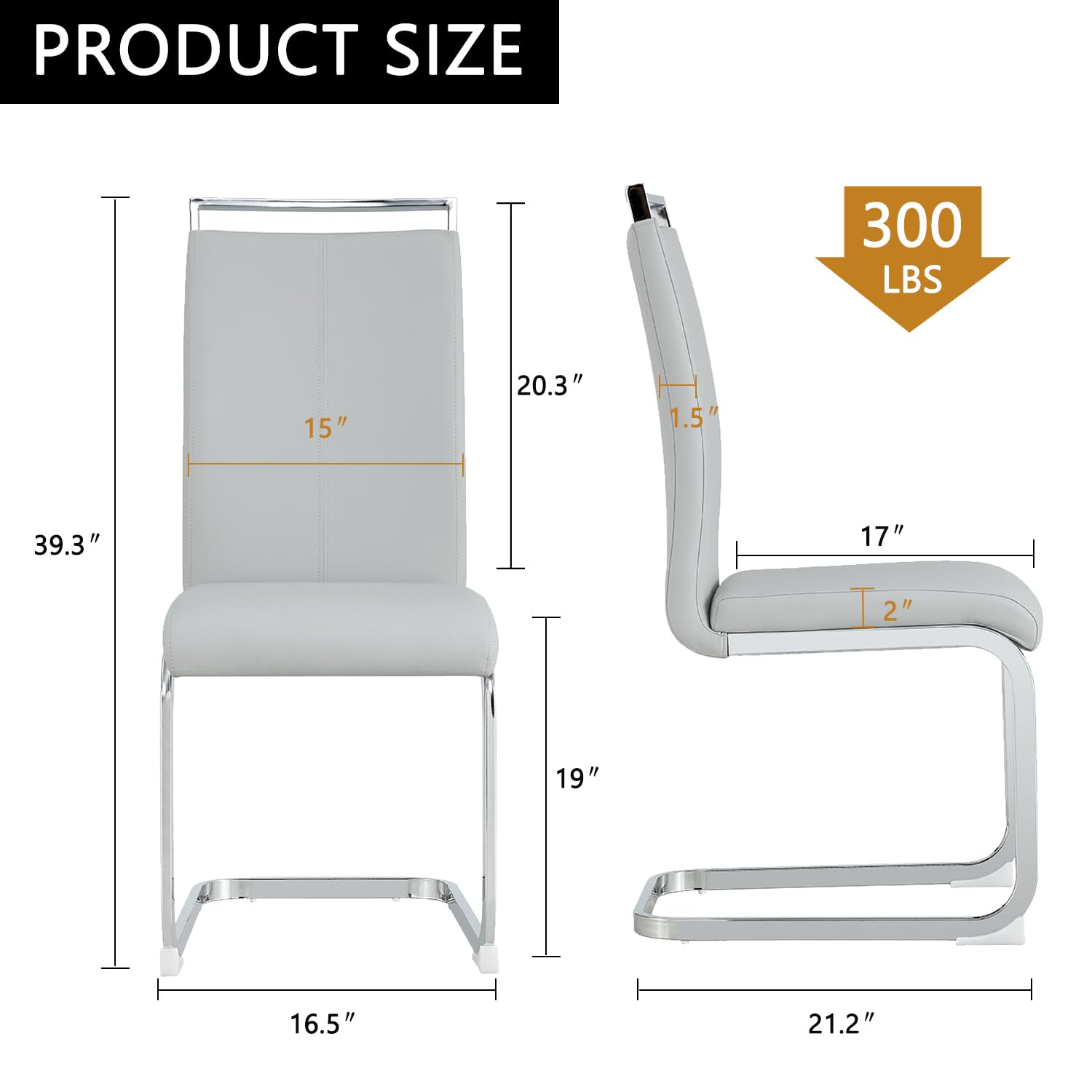 Modern Metal Dining Chairs Set of 2 - High Back Faux Leather Padded Kitchen Chairs with Sturdy Chrome Legs - Light Gray for Dining Room & Breakfast Nook