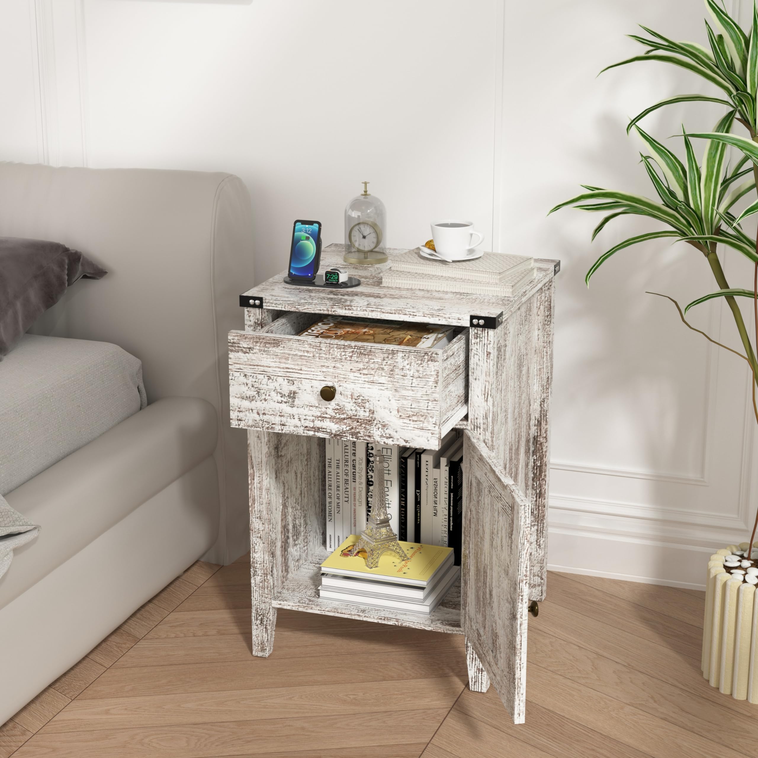 Rustic Barnwood Nightstand Set of 2 - Farmhouse Side Tables with Barn Door & Drawers - Weathered Oak Style Bedroom End Tables in Grey Wash White (No USB Charging) - Perfect for Master Bedroom, Guest Room or Cabin Decor