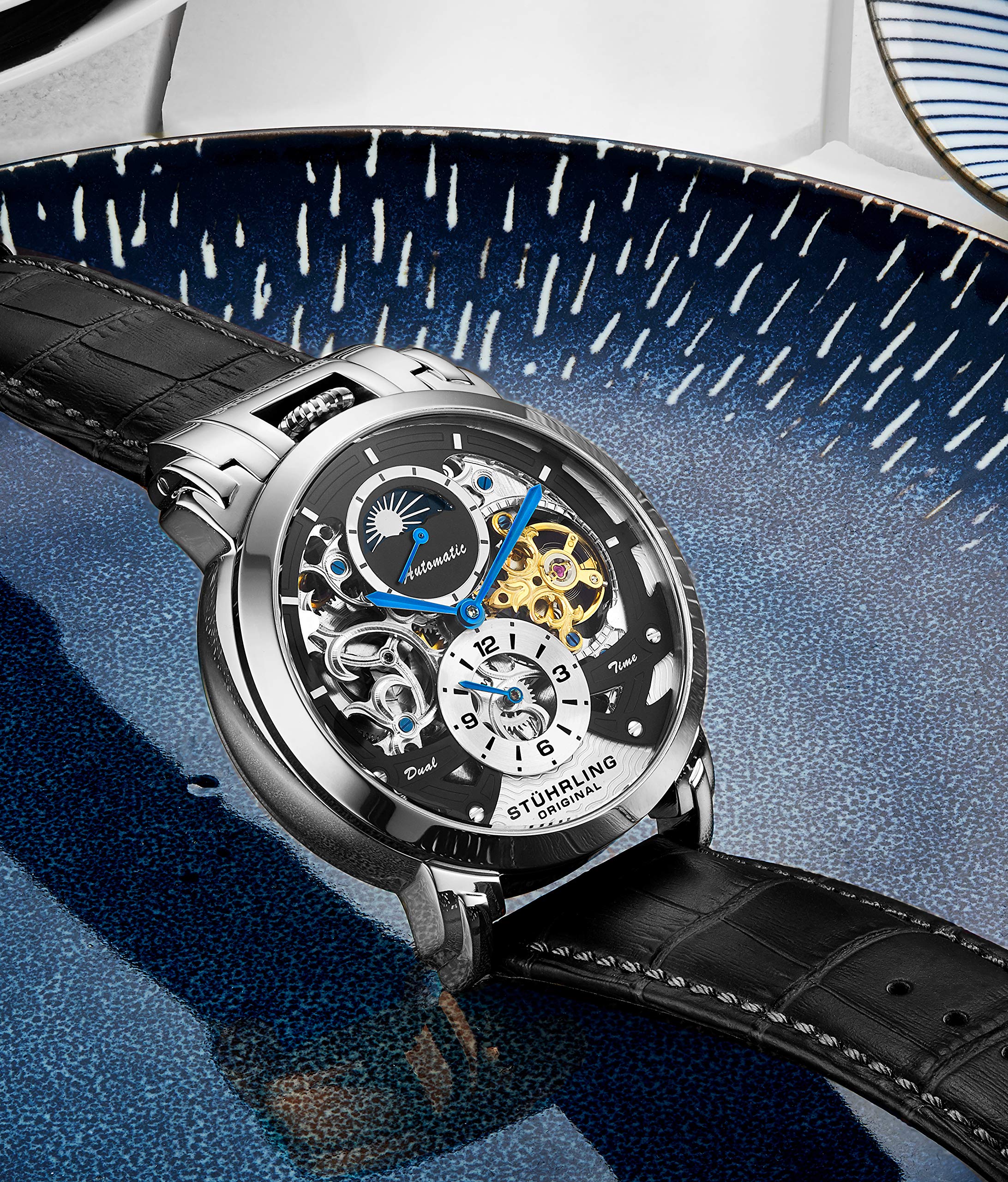 Stuhrling Original Men's Automatic Skeleton Watch - Luxury Leather Dress Watch with Stainless Steel Case - Self-Winding Mechanical Analog Watch for Men - Perfect for Business, Formal Events & Gifts
