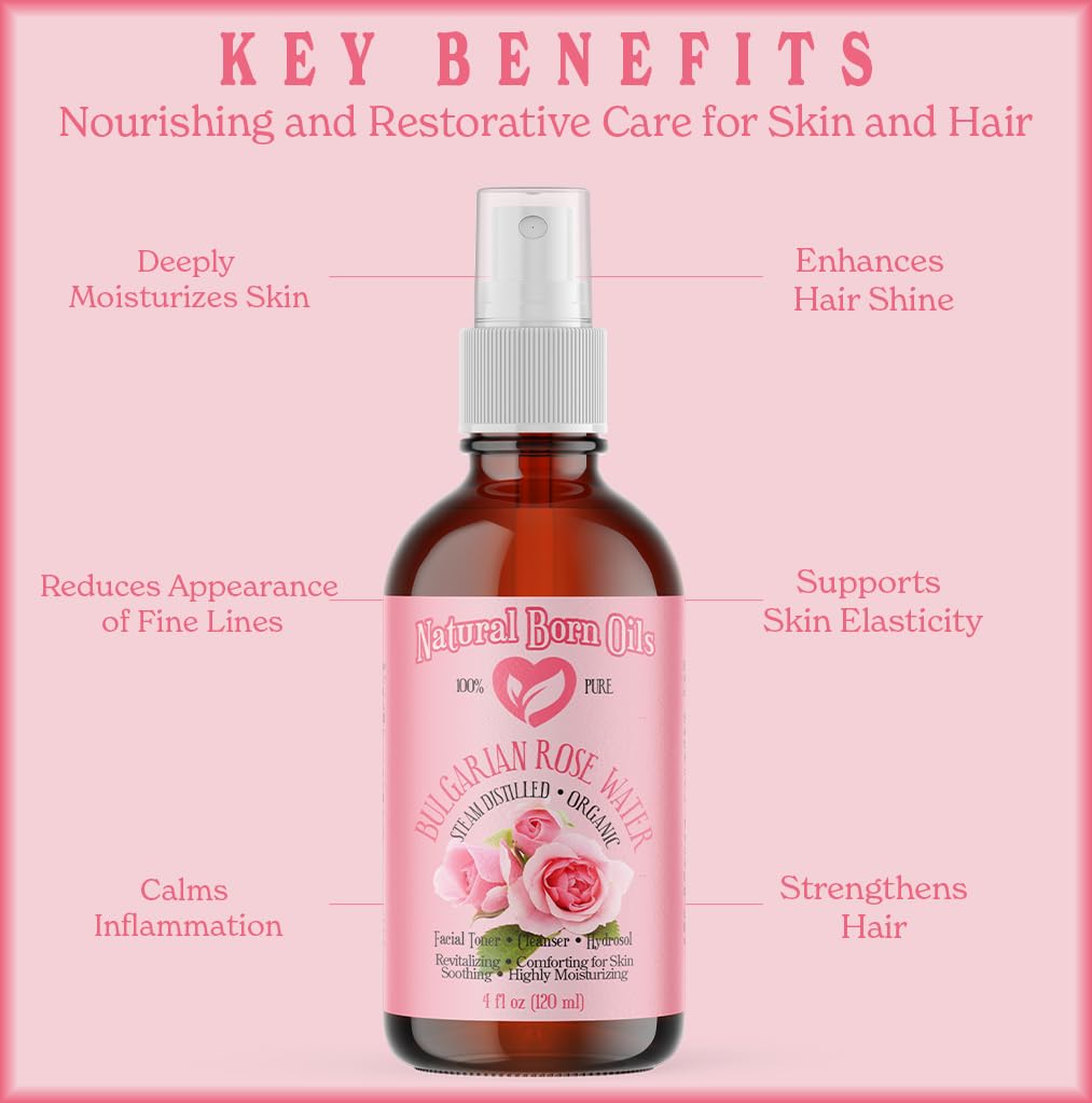 Natural Born Oils 8oz Rose Water Hydrosol - 100% Pure, Organic, Steam-Distilled Facial Toner & Cleanser with Sprayer | Hydrating Mist for Skin Care, Makeup Setting & Aromatherapy