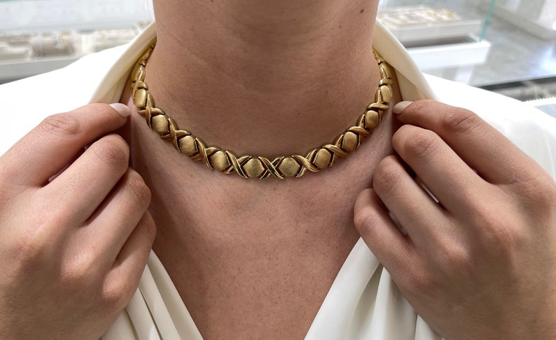14K Solid Yellow Gold XOXO Statement Necklace - 13.35MM Irregular Chain Pattern for Women, Gift for Her, Valentine's Day, Anniversary, Birthday, Party Wear