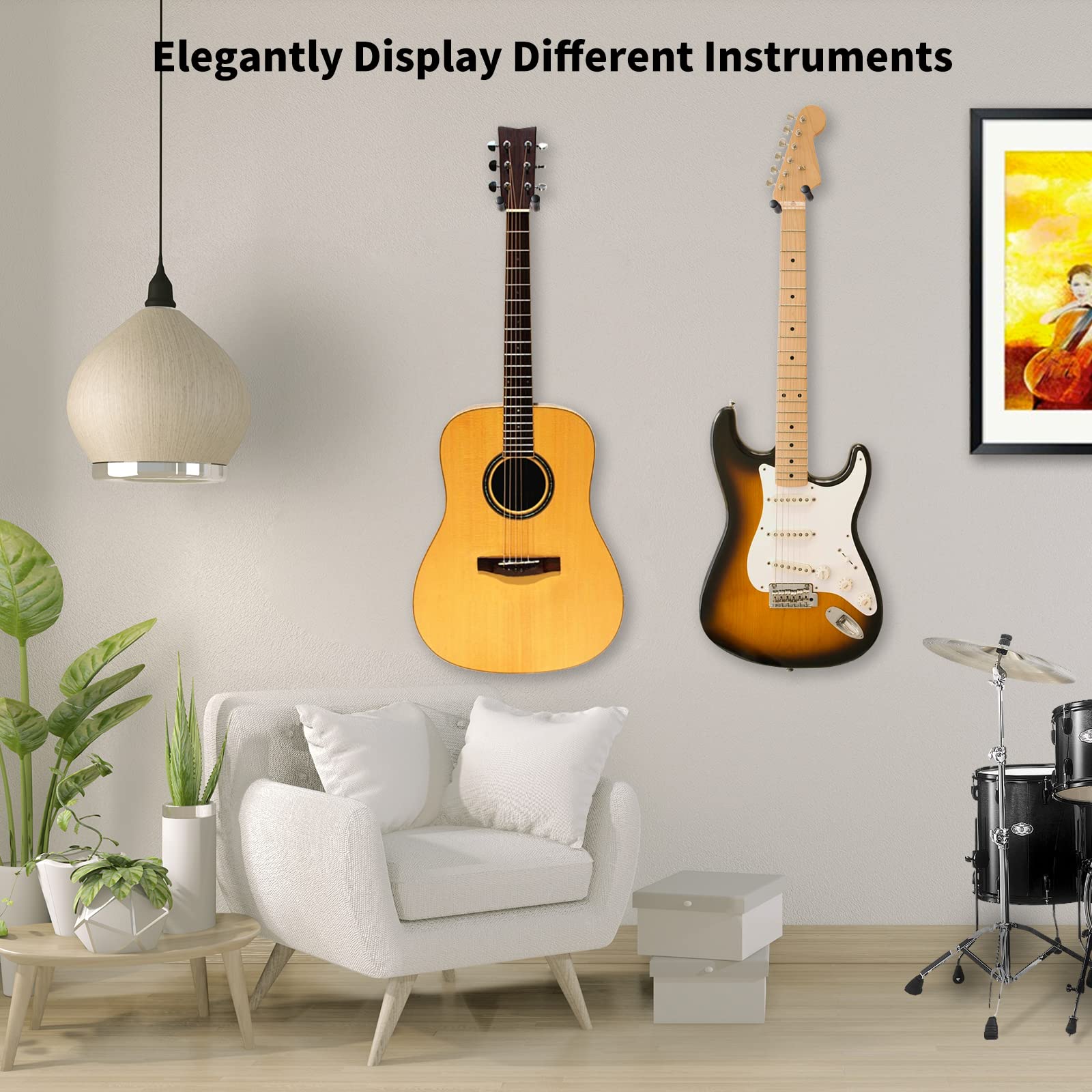 3 Pack Wooden Guitar Wall Mount Hangers - Heavy Duty Hooks for Acoustic, Electric, Bass, Ukulele, Banjo, Mandolin - Perfect for Home, Studio & Music Room Organization