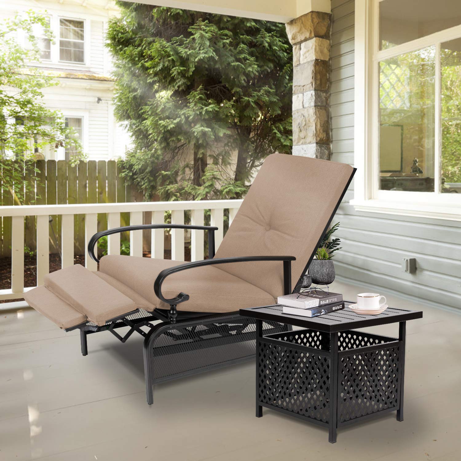 Adjustable Patio Lounge Chair with Recliner & Side Table Set - Outdoor Metal Chaise with Brown Cushion & Umbrella - Perfect for Poolside, Garden, and Backyard Relaxation