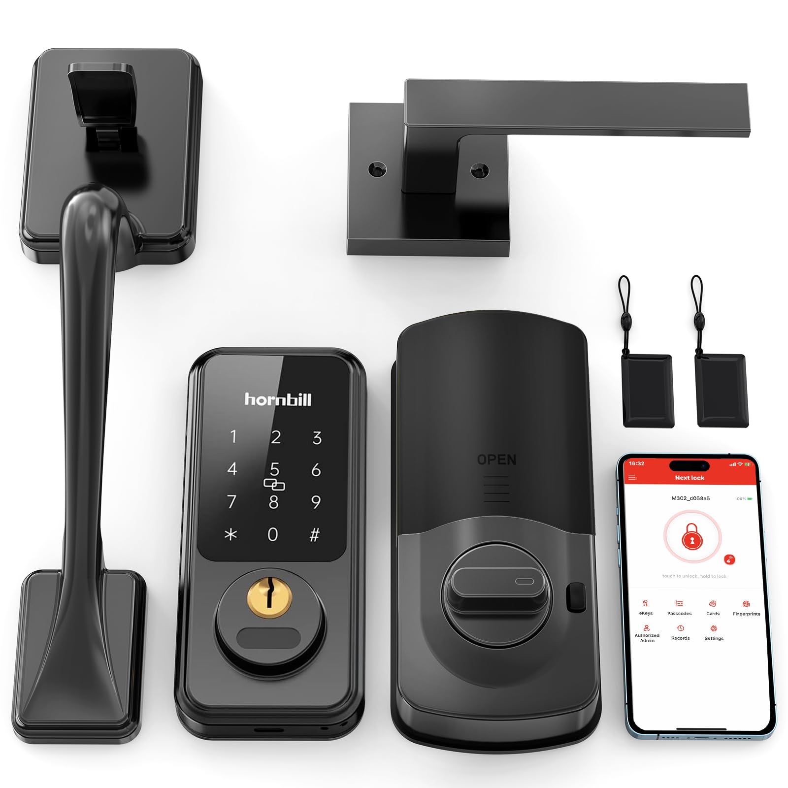 Hornbill Smart Keyless Entry Door Lock with Handle - Electronic Keypad Deadbolt, Bluetooth APP, Keyfob & Auto Lock - Matte Black - Alexa Compatible Front Door Handle Set for Home Security & Smart Home Automation