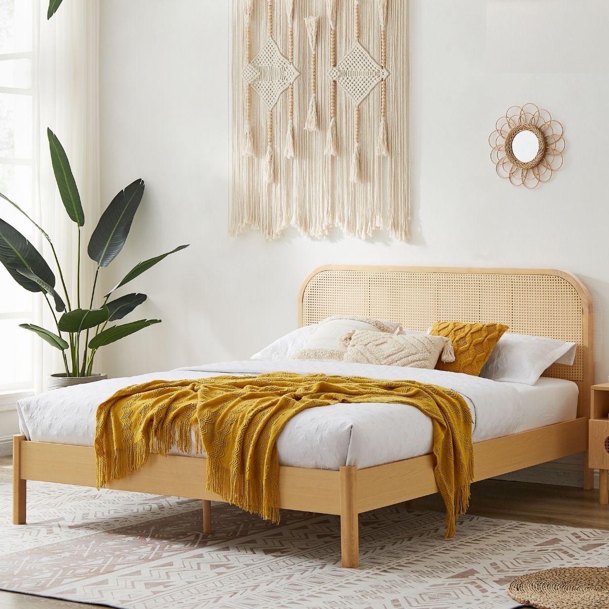 Luxury Rattan Bed Frame with Curved Headboard - Double Size Bed for Master Bedroom, Guest Room & Bohemian Style Home Decor