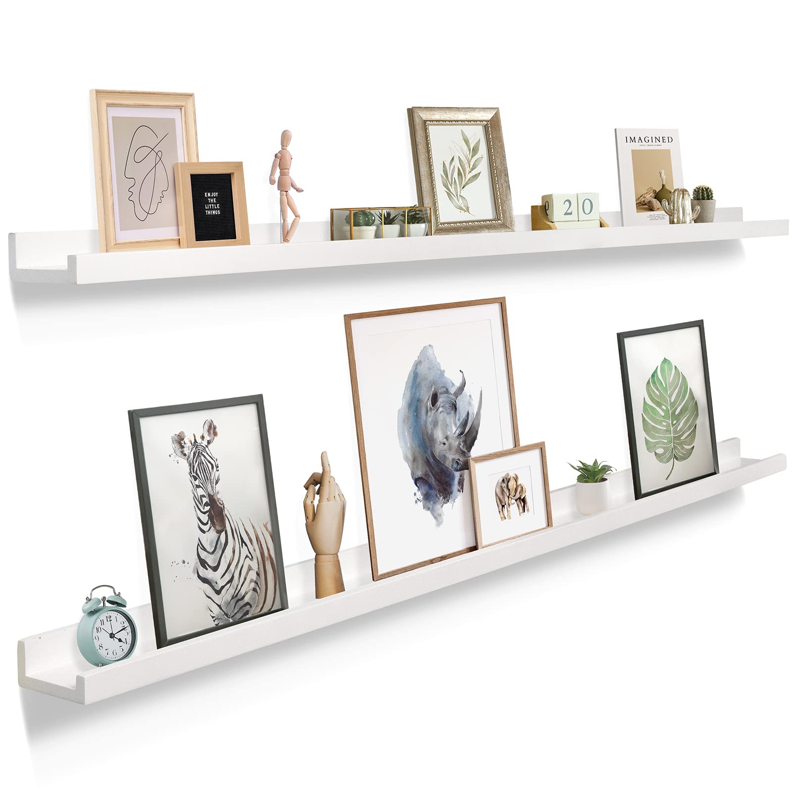 White 60 Inch Floating Picture Ledge Shelf (2 Pack) - Narrow Wooden Wall Shelf with Lip for Photos, Toys, Action Figures, Makeup & Jewelry Display - Perfect for Nursery, Bedroom & Home Decor