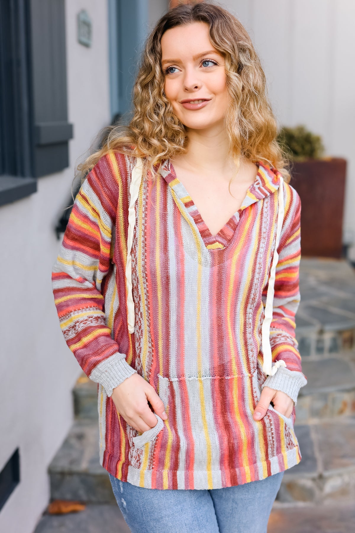 Be Bold Coral & Sienna Stripe Pullover Hoodie with Notched Neck | Women's Casual Sweatshirt for Fall Fashion, Streetwear & Cozy Loungewear
