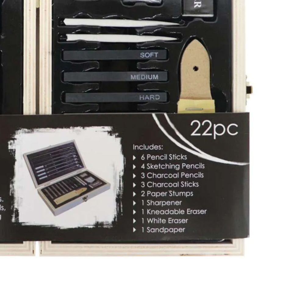 22-Piece Jasart Pencil and Charcoal Sketching Set with Wooden Travel Case - Perfect for Artists, Students & Travel Sketching