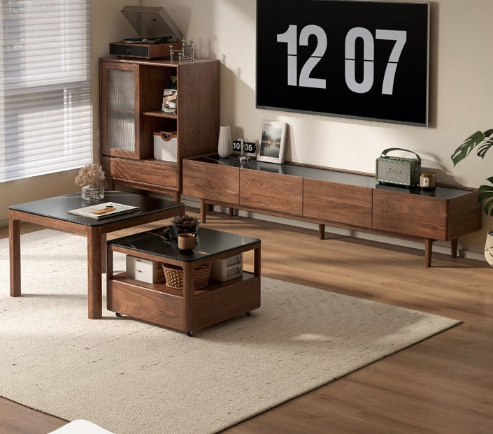 Modern Black Walnut Solid Wood TV Stand with Slate Top - Perfect for Living Room, Home Theater & Entertainment Center Storage