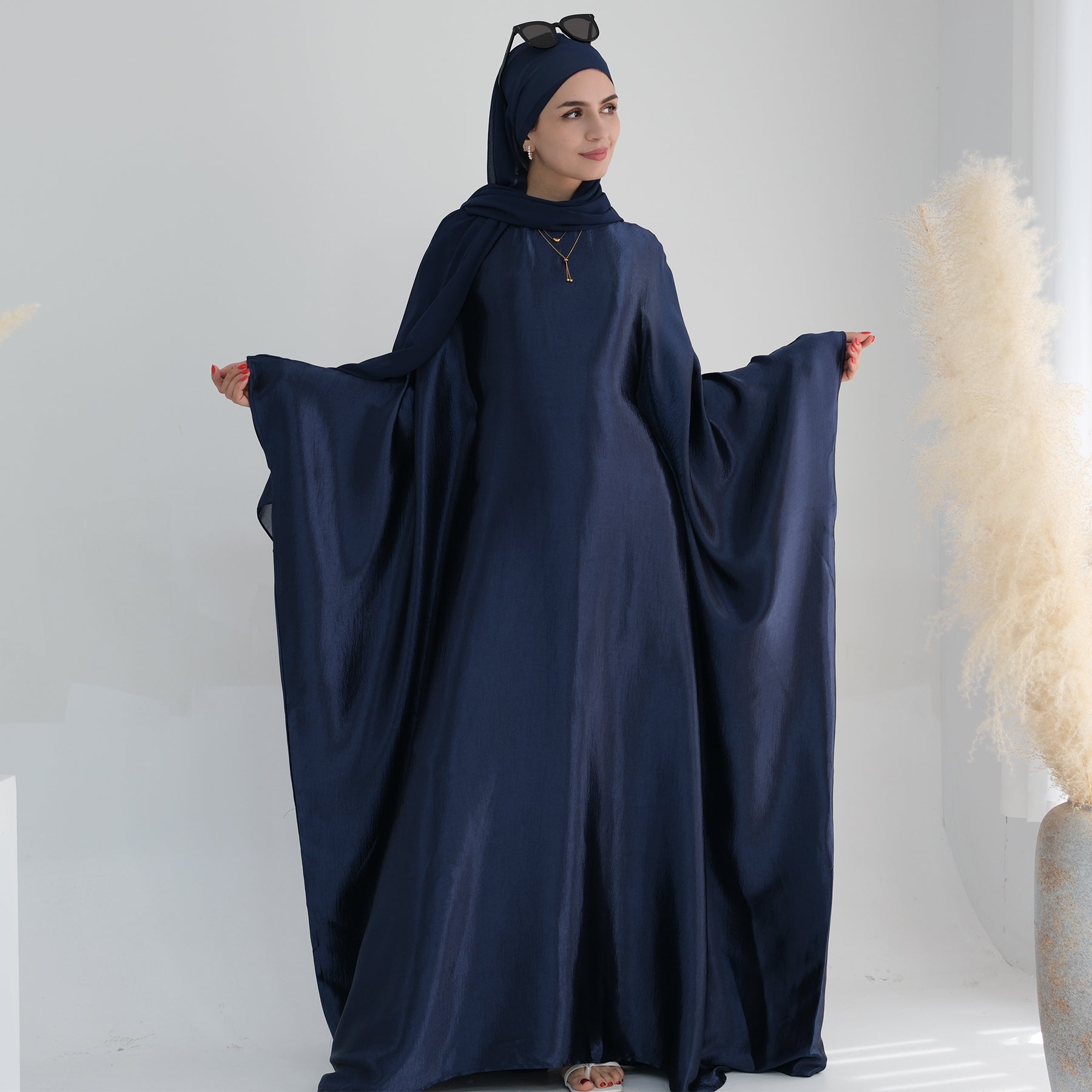 Elegant Navy Blue Alisha Butterfly Satin Abaya - Modest Islamic Dress for Women, Prayer, Special Occasions & Everyday Wear