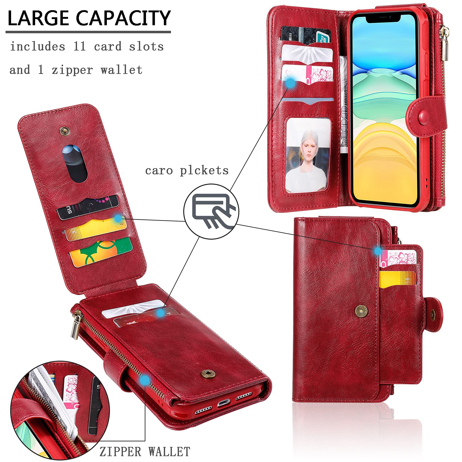 Premium 2-in-1 Magnetic Detachable Wallet Case for Apple iPhone 11 Pro - Luxury Leather Flip Cover with Zipper Card Holder & Strong Magnets (Wine Red) | Perfect for Business, Travel & Everyday Use