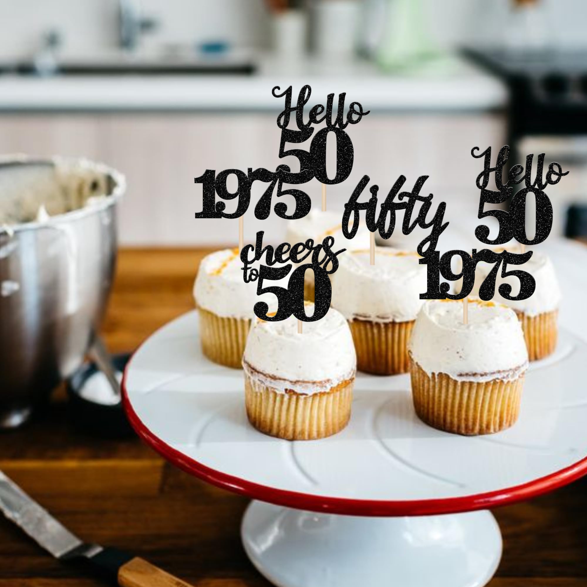 24 PCS Black Glitter 50th Birthday Cupcake Toppers - 'Hello 50' & 'Cheers to 50' Cake Decorations (Since 1975) for 50th Anniversary Party Supplies | Perfect for Birthday Celebrations, Milestone Events & Cake Decorating