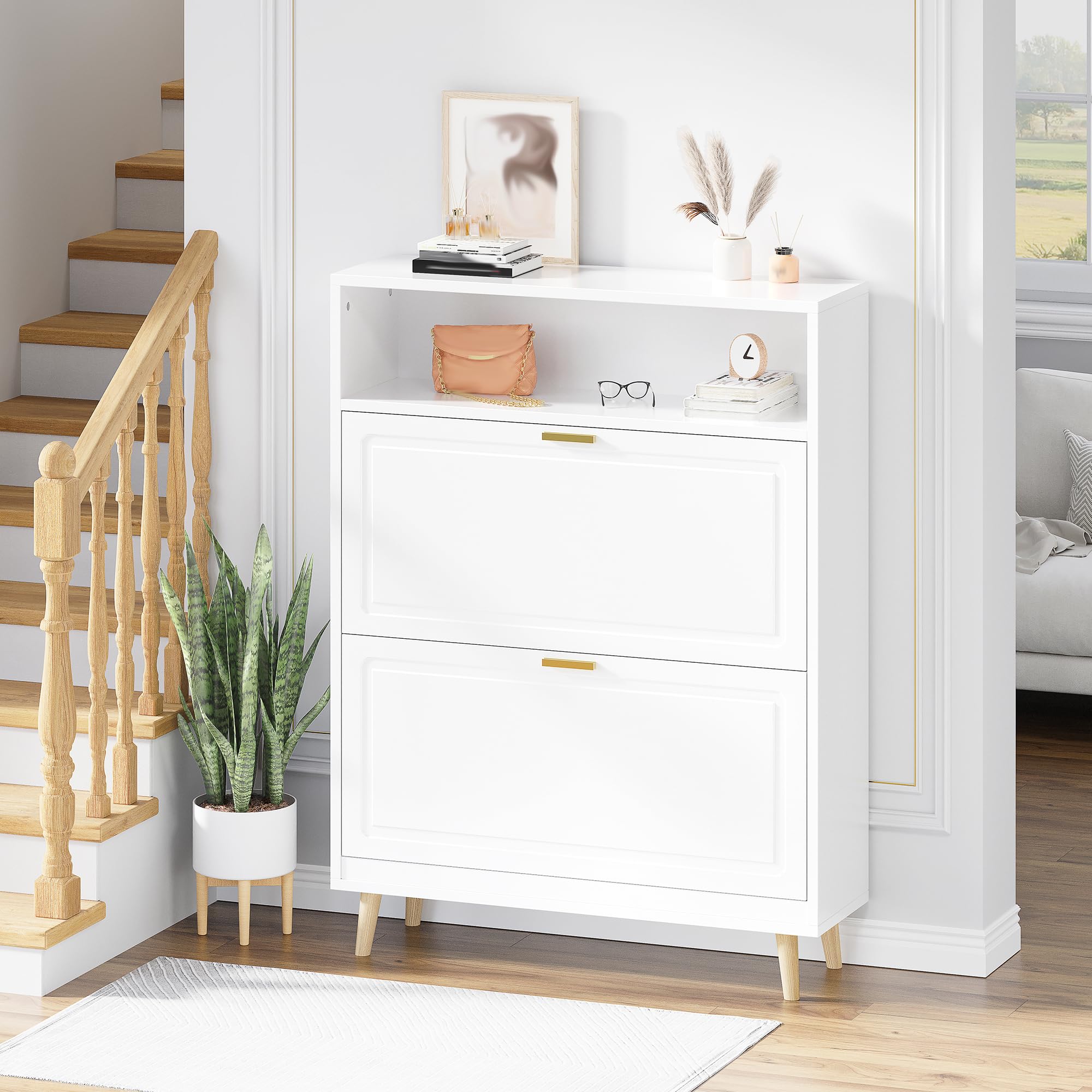EnHomee Shoe Storage Cabinet with 2 Flip Drawers - White Entryway Organizer for Shoes, Boots & Accessories | Perfect for Hallway, Closet & Mudroom Organization