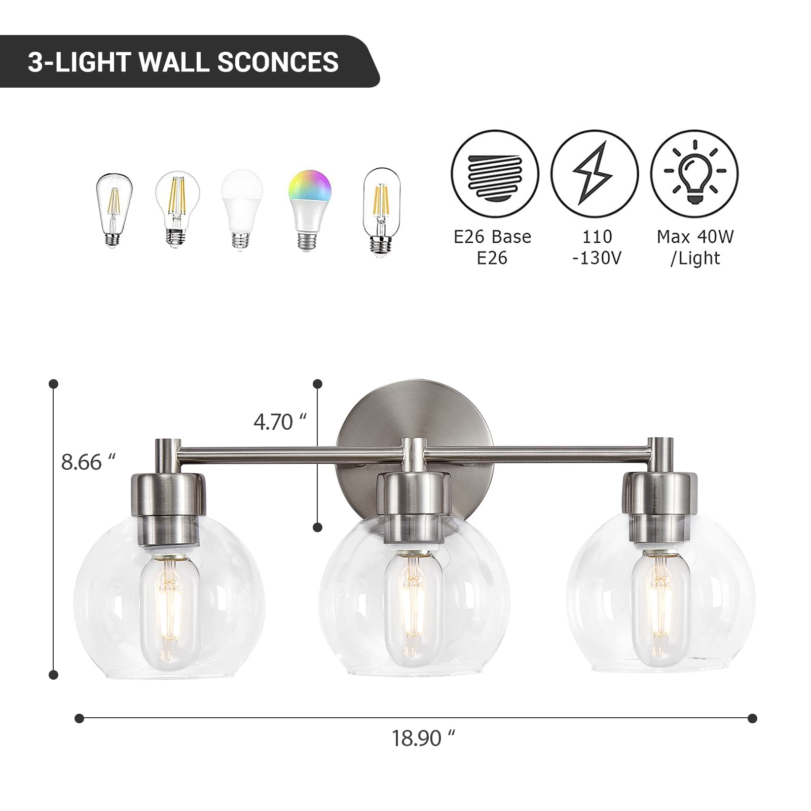 3-Light Brushed Nickel Vanity Light Fixture with Clear Globe Glass - Bathroom Wall Sconce for Mirror, Bedroom, Living Room & Kitchen - Perfect for Modern Home Decor & Vanity Lighting