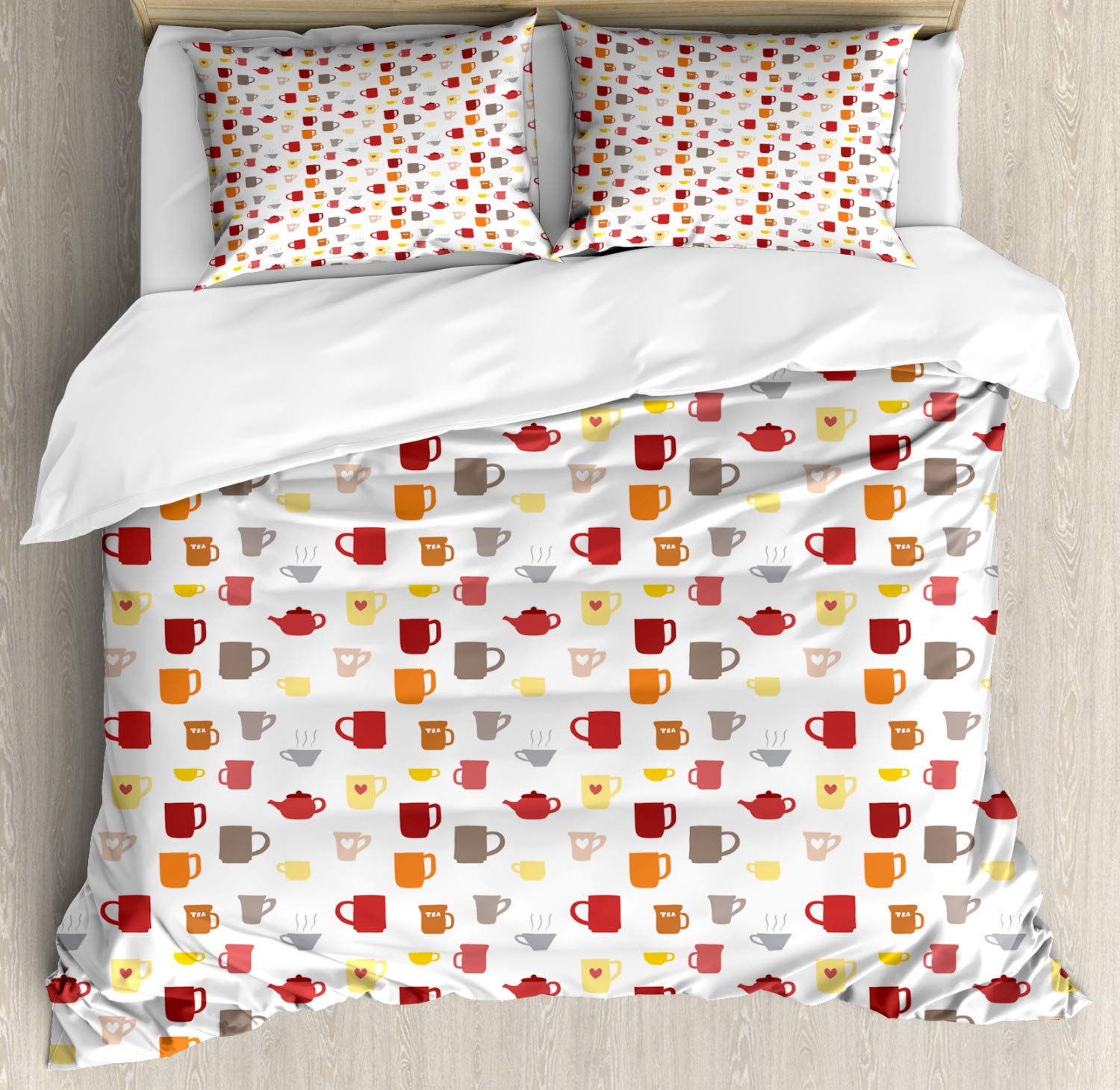 Ambesonne Tea Party Duvet Cover Set - Colorful Coffee Cups & Tea Mugs Print, 3-Piece King Size Bedding Set with 2 Pillow Shams | Perfect for Tea Lovers, Kitchen-Themed Bedroom Decor & Cozy Breakfast in Bed