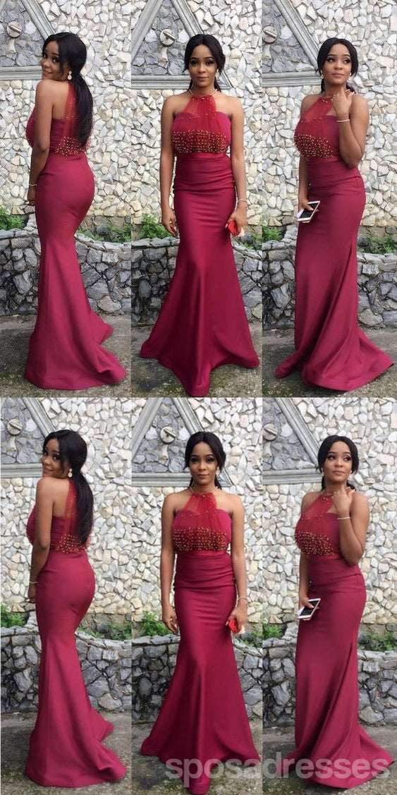 Elegant Red Mermaid Halter Long Bridesmaid Dresses for Weddings, Prom & Formal Events - Style WG1528