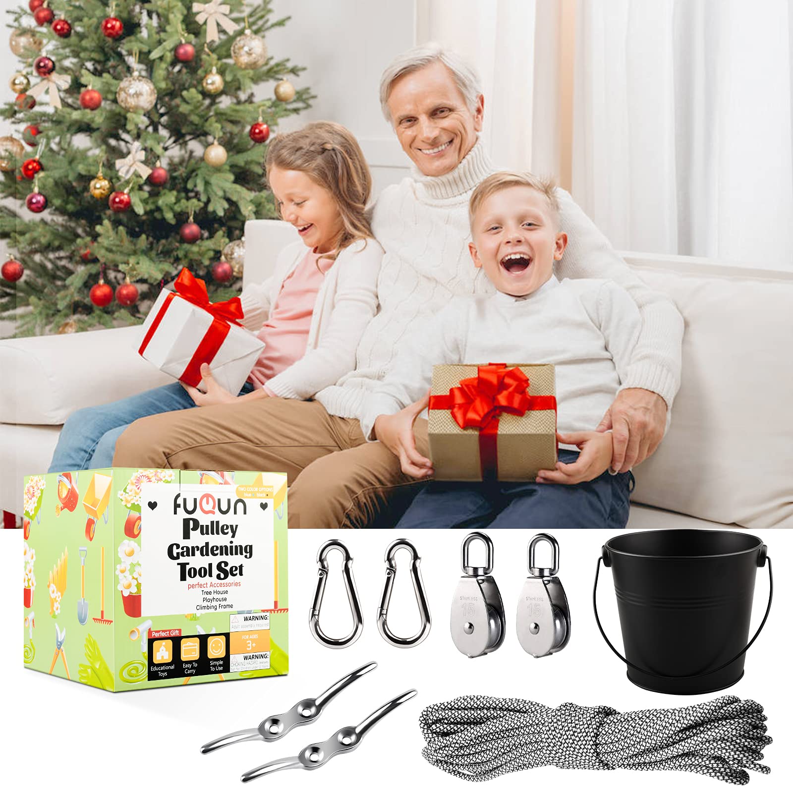 FUQUN Kids Treehouse Accessories Set - 2 Pack Black Pulley System with Bucket for Outdoor Playhouse, Pirate Ship & Backyard Games | Perfect for Tree Forts, Playgrounds & Adventure Play