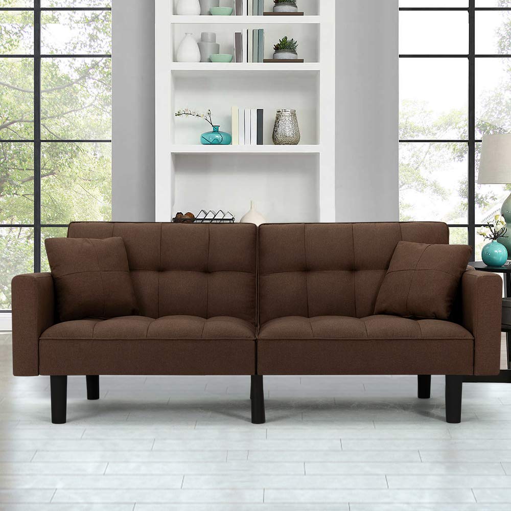 Modern Linen Convertible Futon Sofa Bed - Foldable Recliner Couch with Adjustable Back & Armrests for Living Room, Bedroom, Guest Room - Brown (Perfect for Small Spaces & Overnight Guests)