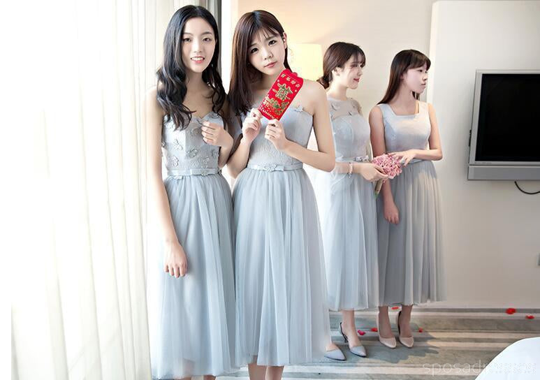 Elegant Mismatched Gray Tea-Length Lace Bridesmaid Dresses - BD025 | Perfect for Weddings, Formal Events & Special Occasions