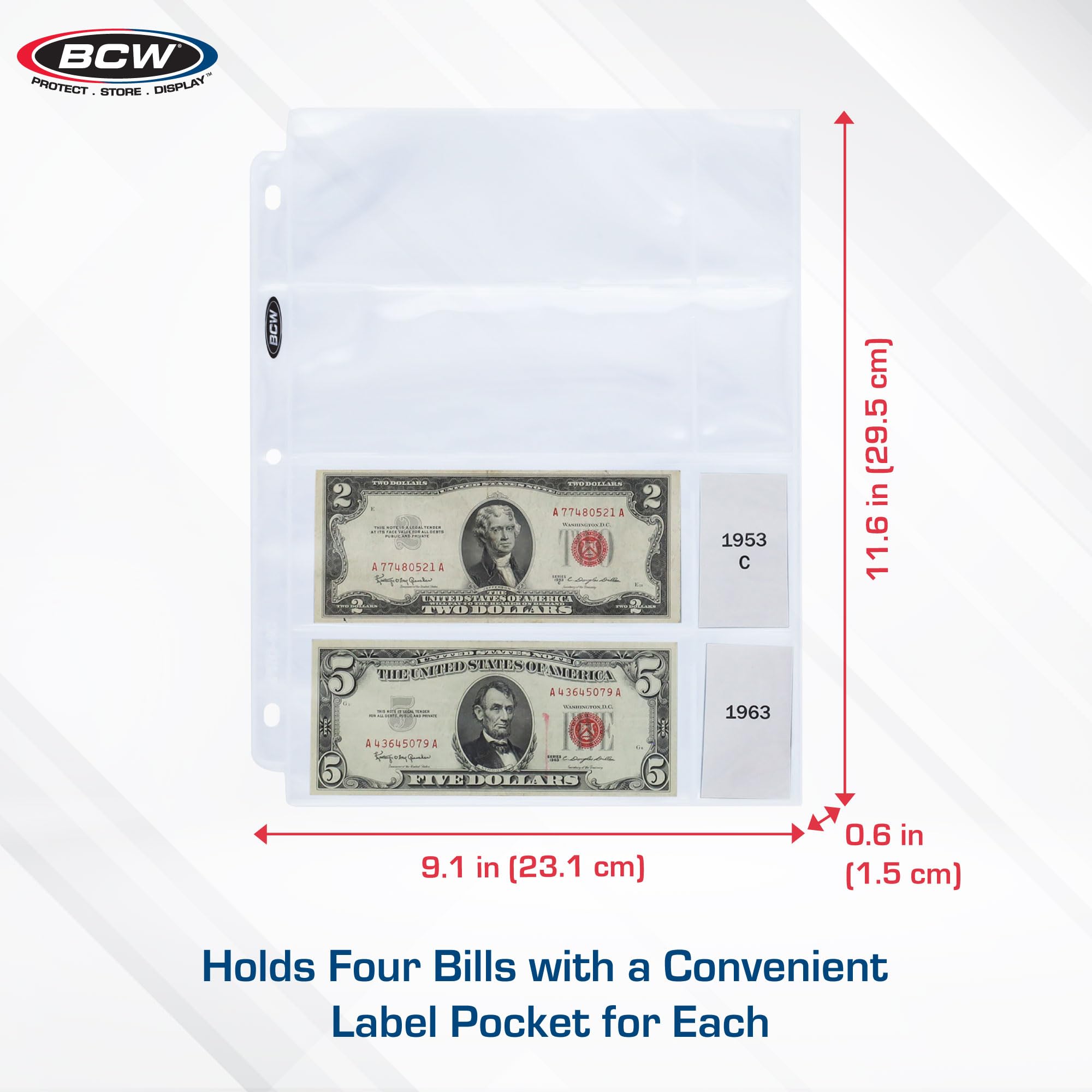 BCW Pro 4-Pocket Currency Sleeves - 100 Count for 6.5