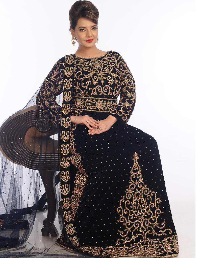 Elegant Black Georgette Hand Embroidered Kaftan Dress for Women - Perfect for Evening Parties, Weddings & Special Occasions