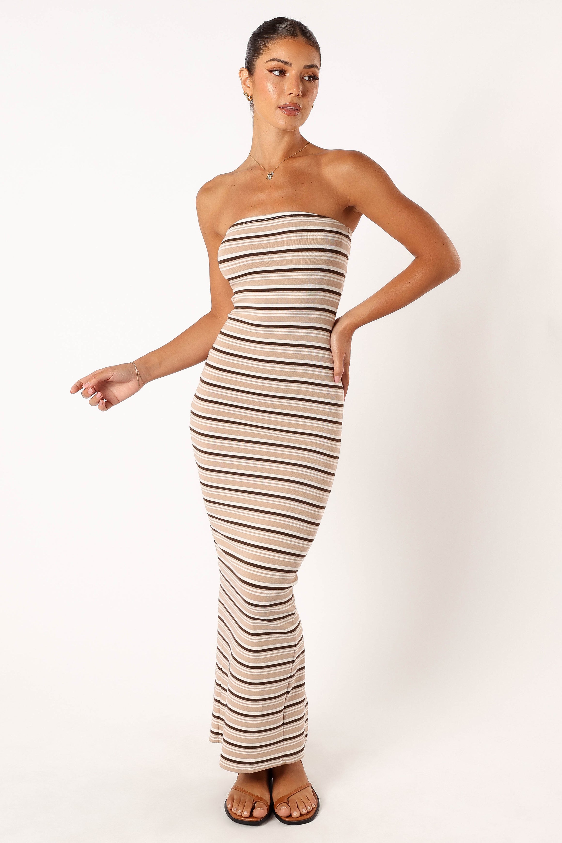 Hunter Strapless Maxi Dress - Cream Stripe Floral Print Summer Beach Dress for Women, Perfect for Vacation, Wedding Guest & Outdoor Parties