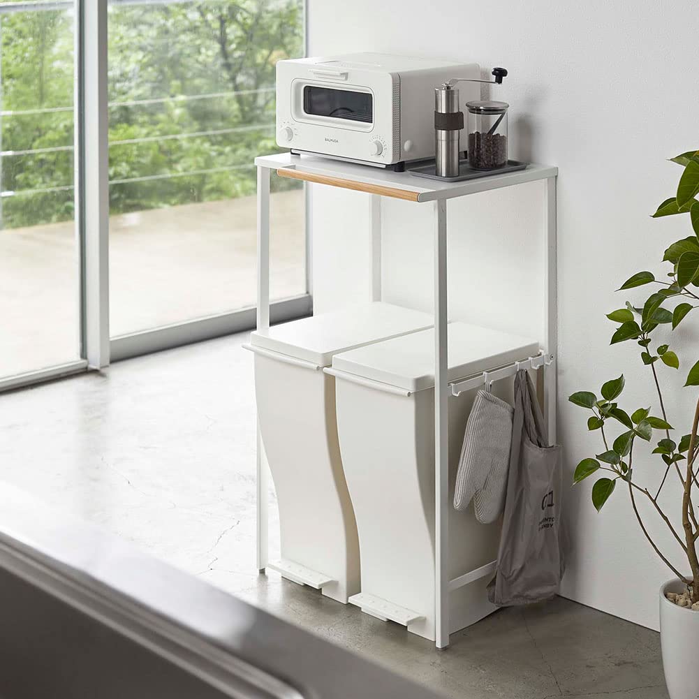 Yamazaki 5326 Expandable Trash Can Organizer - White Kitchen Storage Rack with Hooks, 16.7-29.9