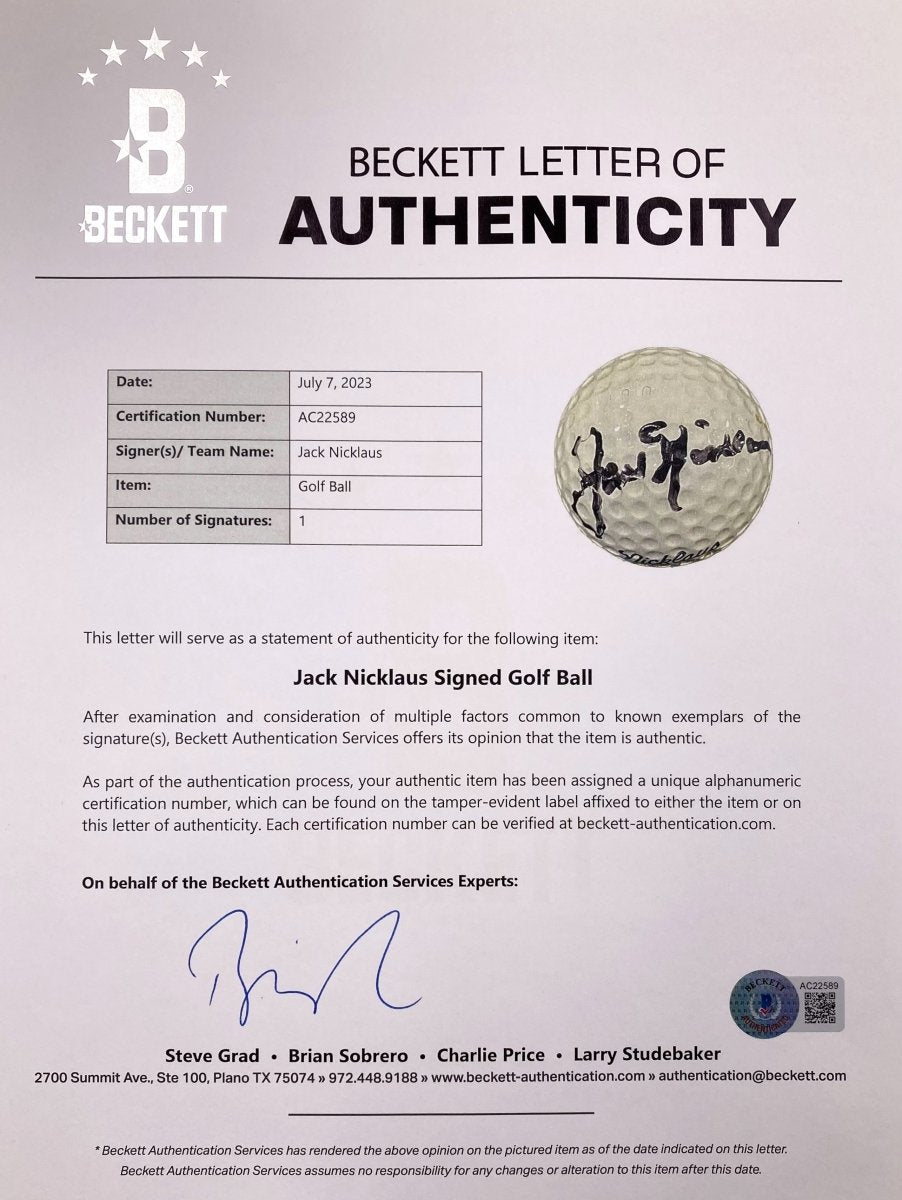 Jack Nicklaus Autographed Golden Bear Golf Ball - Limited Edition Collectible BAS AC22589 - Perfect for Golf Memorabilia Collections & Sports Fan Gifts