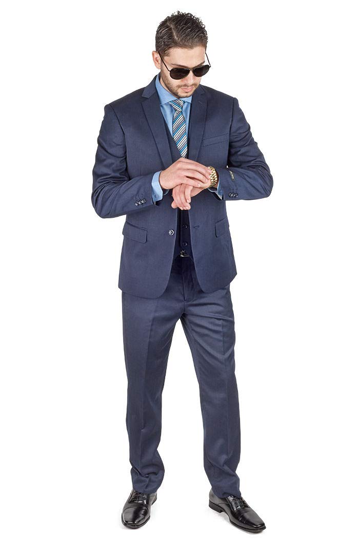 AZAR MAN Slim Fit 3 Piece Vest Navy Blue Suit - 2 Button Notch Lapel Formal Wear for Weddings, Business Meetings & Special Occasions