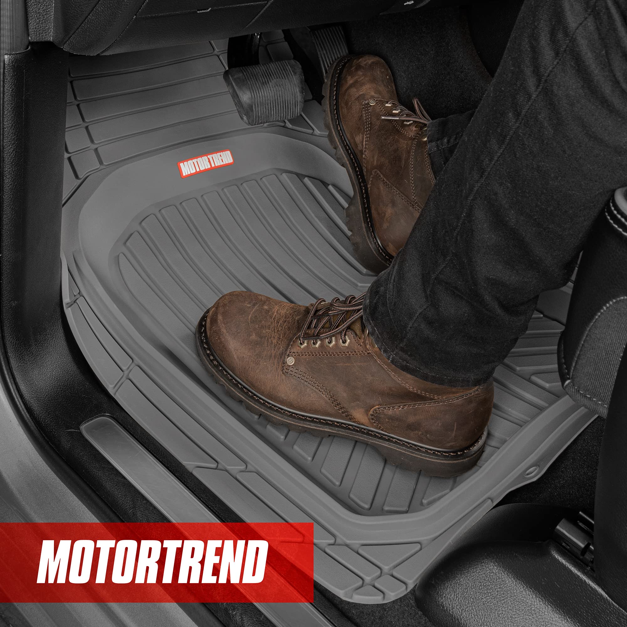 Motor Trend FlexTough Gray All-Weather Car Floor Mats Full Set - Heavy Duty Rubber Floor Liners for SUV, Sedan & Van - Front & Rear Seat Protection + Cargo Liner - Perfect for Rain, Snow & Mud Protection During Commuting, Road Trips & Family Adventures