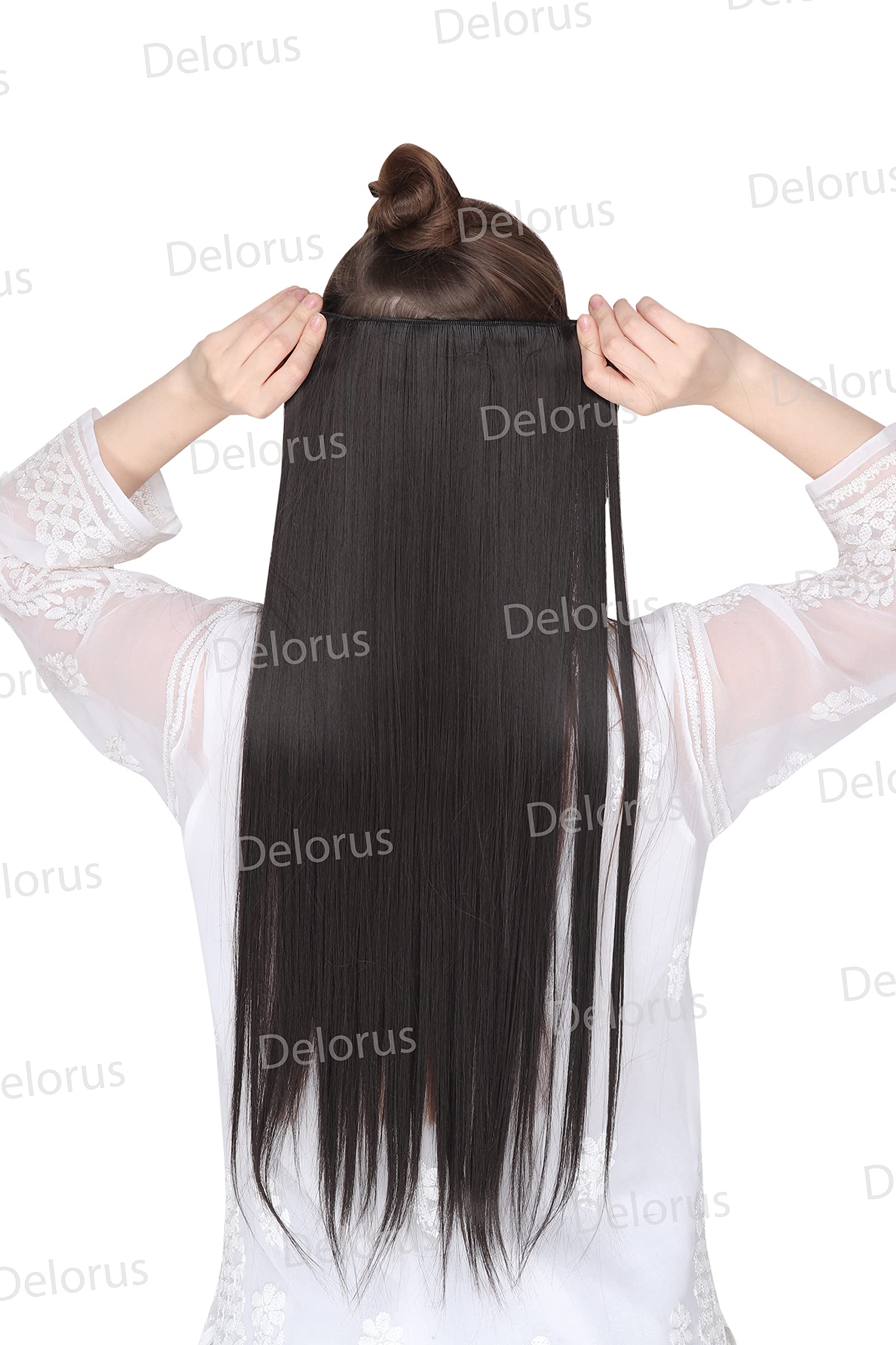 DELORUS 24 Inch Brown Clip In Hair Extensions - 5 Piece Set Thick Straight Human Hair for Women & Girls | Perfect for Volume, Length & Styling for Parties, Weddings & Daily Wear