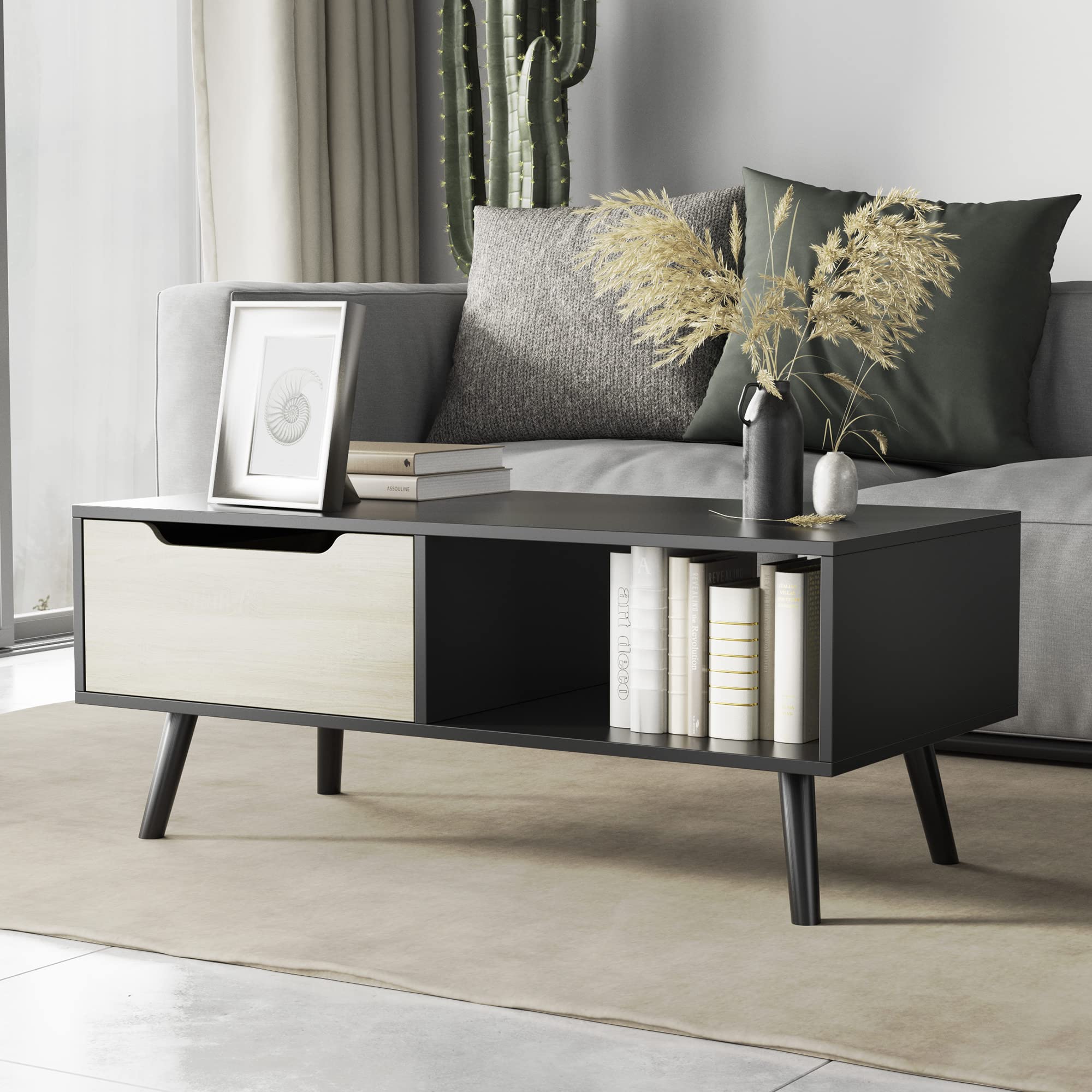 Modern Wooden Coffee Table with Storage - Minimalist Mid-Century Cocktail Table for Living Room, Apartment & Reception - Black Cozy Castle Hallway Table - Perfect for Small Spaces, Home Decor & Entertaining Guests