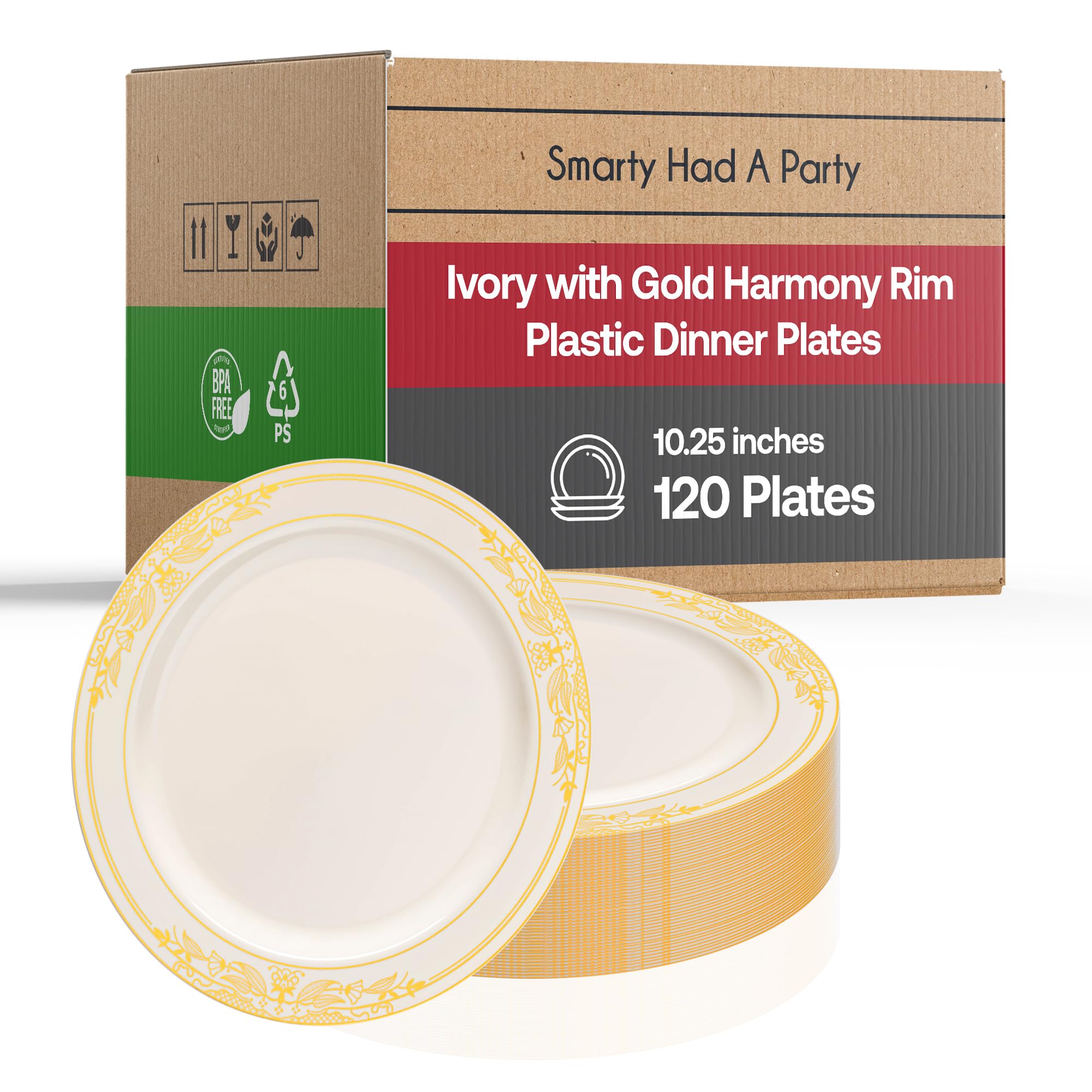 Elegant Disposable Plastic Dinnerware Set - Heavy Duty Fancy Design Plates for Wedding, Birthday Party & Special Events | Ivory Gold 10.25