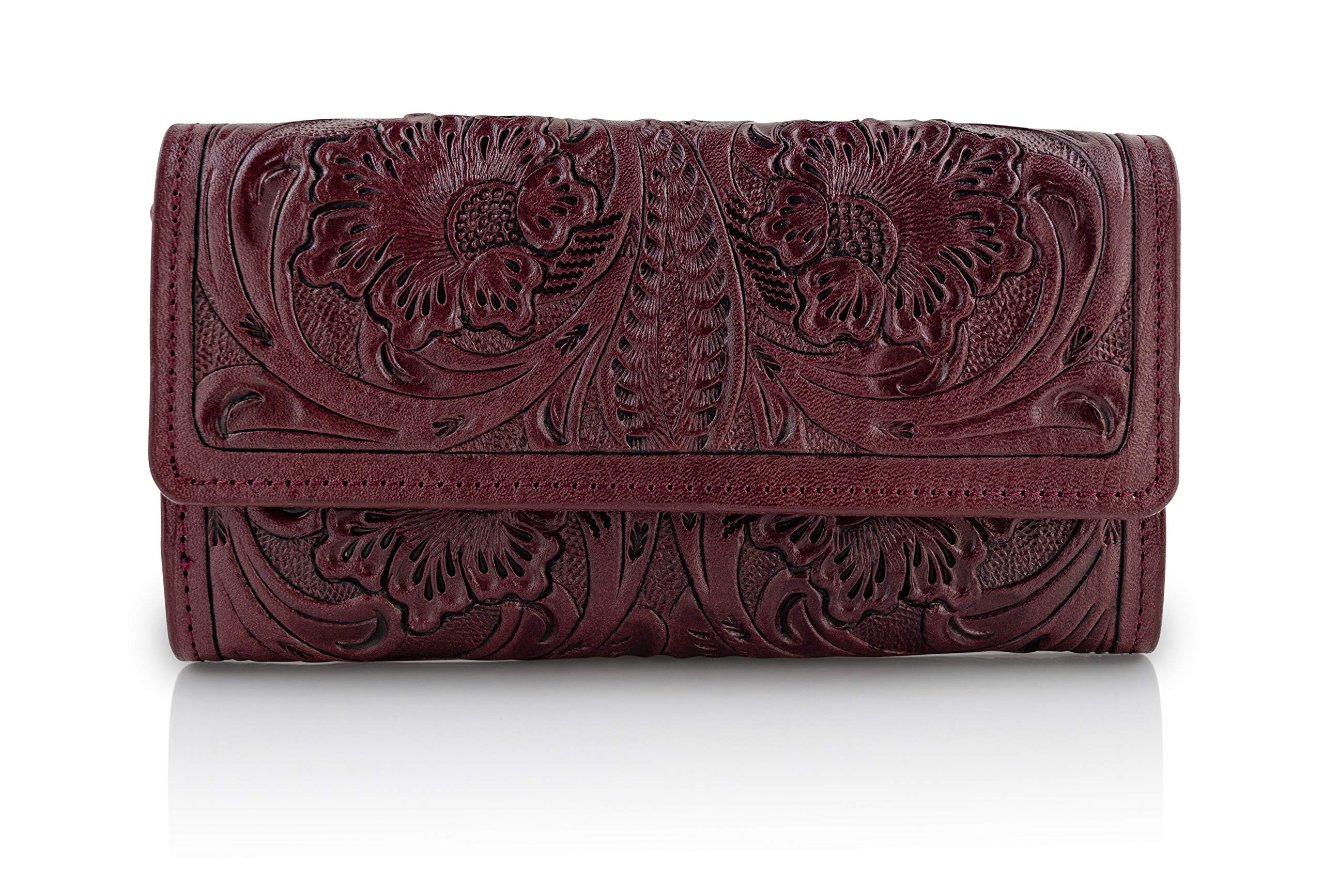 Mauzari Geneva Women's Tooled Leather Wallet in Cabernet - Premium RFID Blocking Bifold Wallet for Women - Perfect Gift for Mother's Day, Birthday & Travel Accessories
