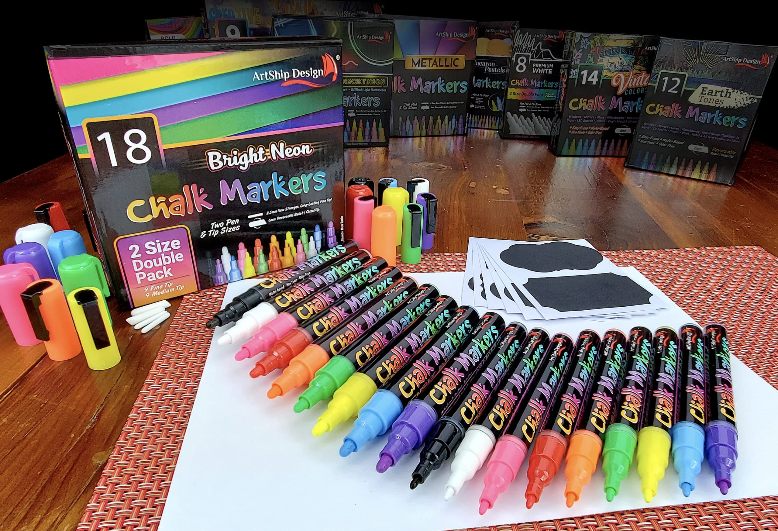 18 Neon Chalk Markers - Double Pack Fine & Medium Tip Liquid Chalk Pens - Wet Erasable for Whiteboards, Glass, Windows, Mirrors - Perfect for Menu Boards, Classrooms, Restaurants & DIY Projects