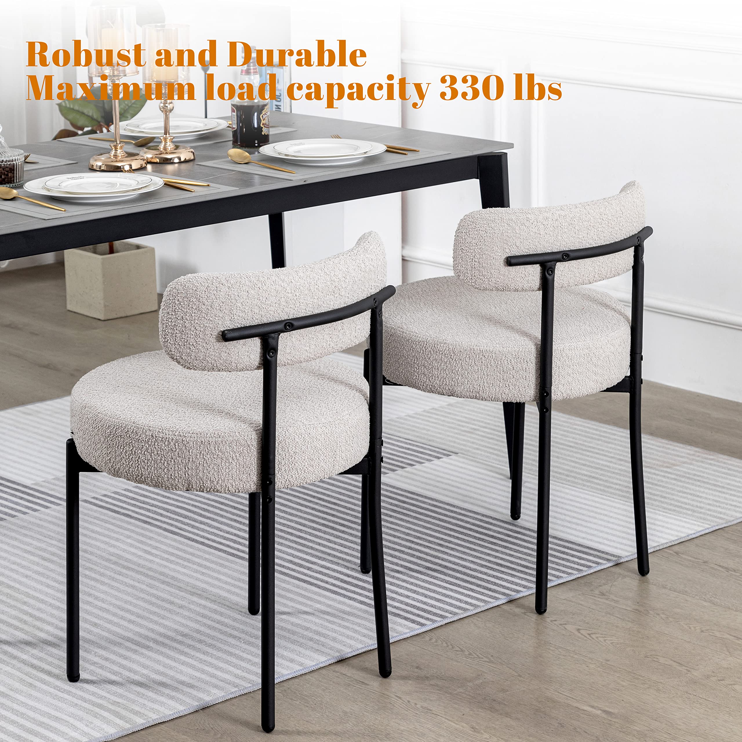 DYHOME Light Grey Dining Chairs Set of 2 - Modern Mid-Century Upholstered Kitchen Chairs with Boucle Sherpa Fabric & Black Metal Legs - Perfect for Dining Room, Kitchen, Breakfast Nook & Small Spaces