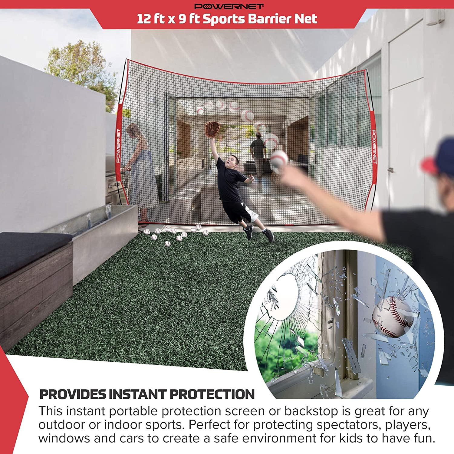 PowerNet 12 ft x 9 ft Sports Barrier Net - Heavy Duty Practice & Safety Netting for Baseball, Soccer, Golf - Perfect for Backyard, Training & Field Protection
